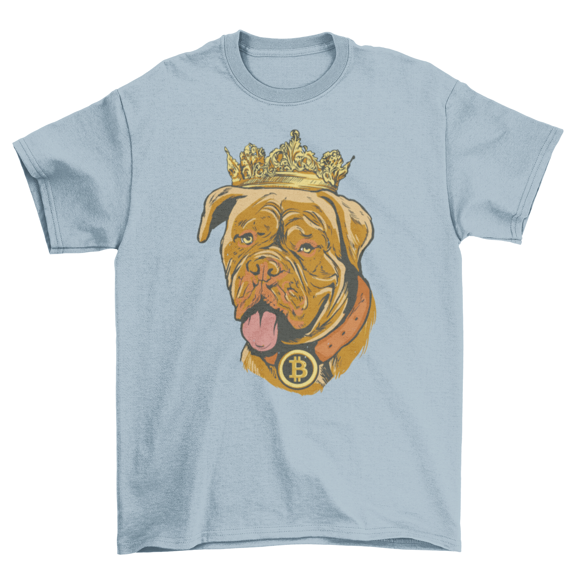 Cool Bitcoin Dog T-Shirt featuring a dog with a crown and a bitcoin collar design.