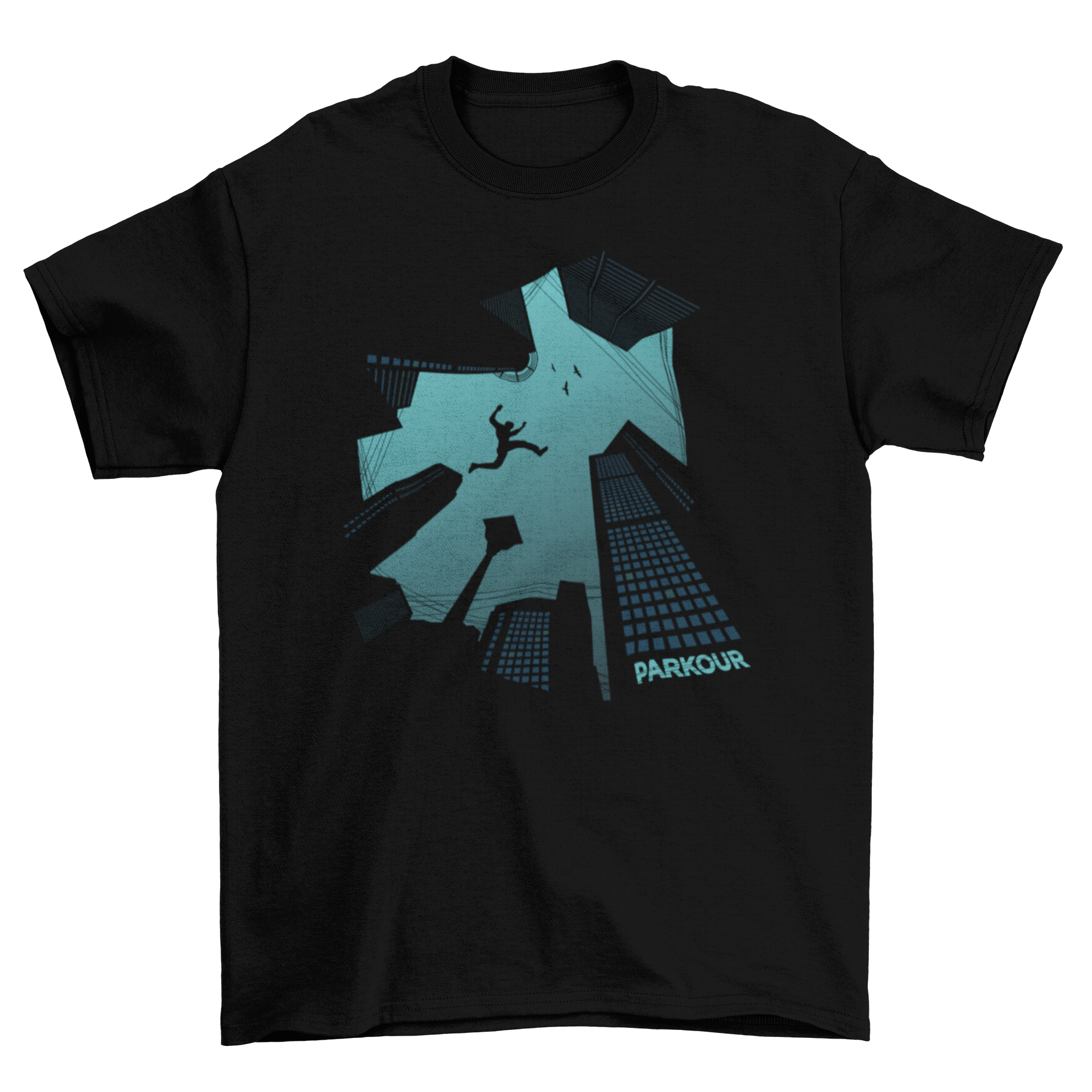 Cool blue parkour t-shirt design featuring a silhouette of a man jumping over skyscrapers, viewed from below.