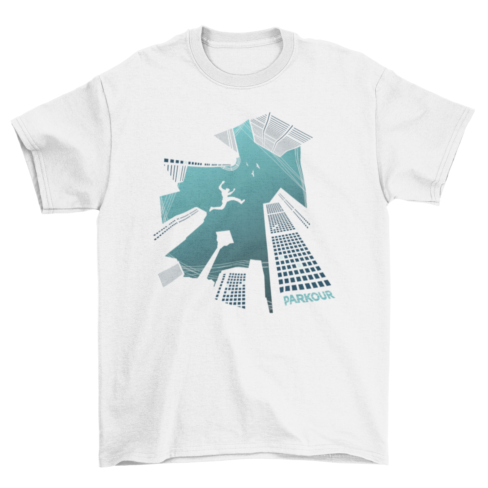 Cool blue parkour t-shirt design featuring a silhouette of a man jumping over skyscrapers, viewed from below.