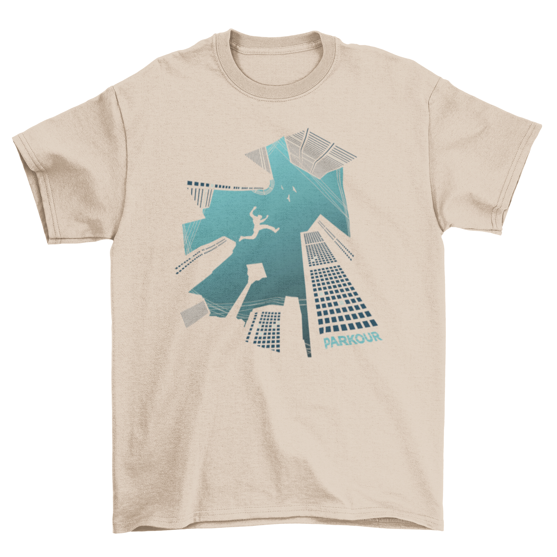 Cool blue parkour t-shirt design featuring a silhouette of a man jumping over skyscrapers, viewed from below.