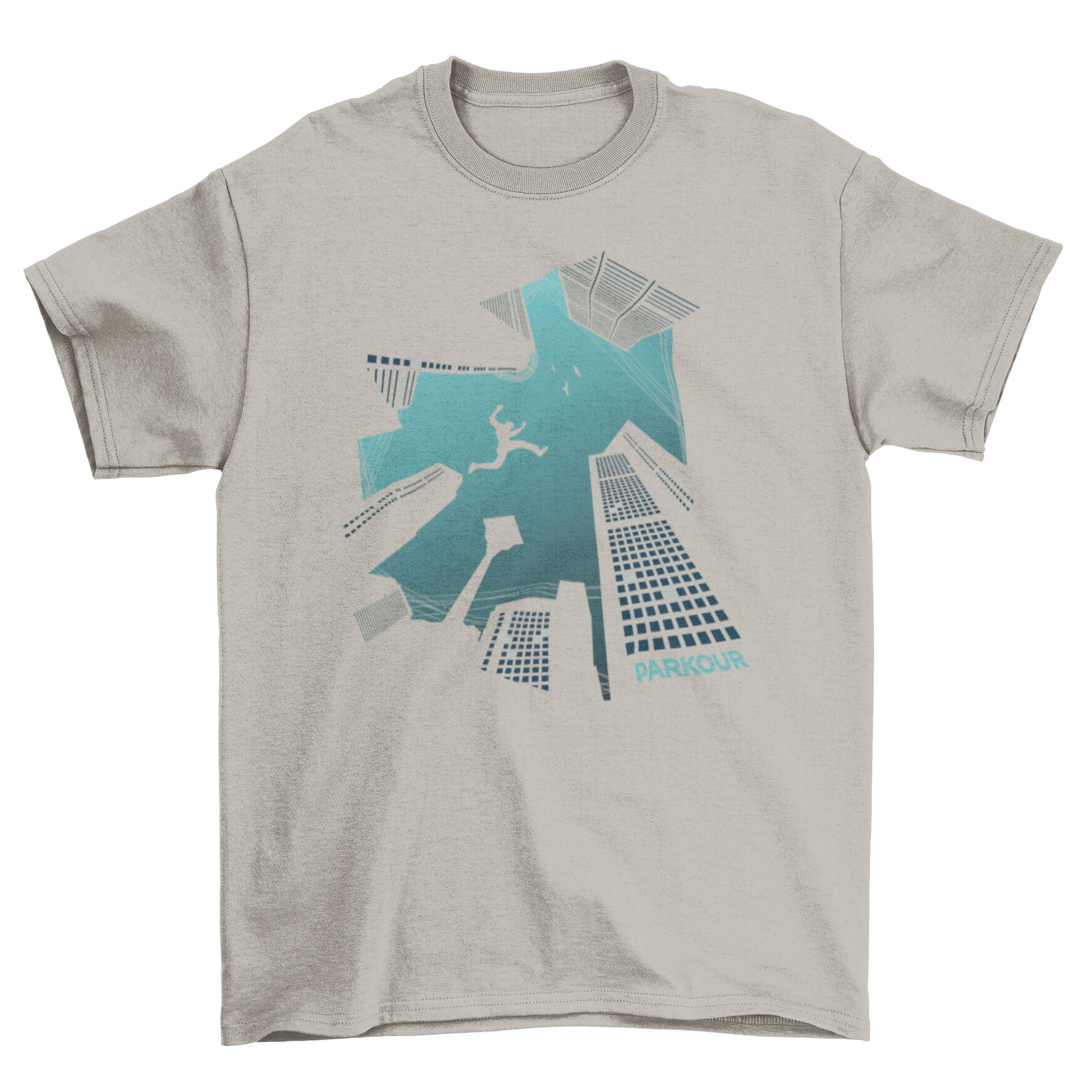 Cool blue parkour t-shirt design featuring a silhouette of a man jumping over skyscrapers, viewed from below.