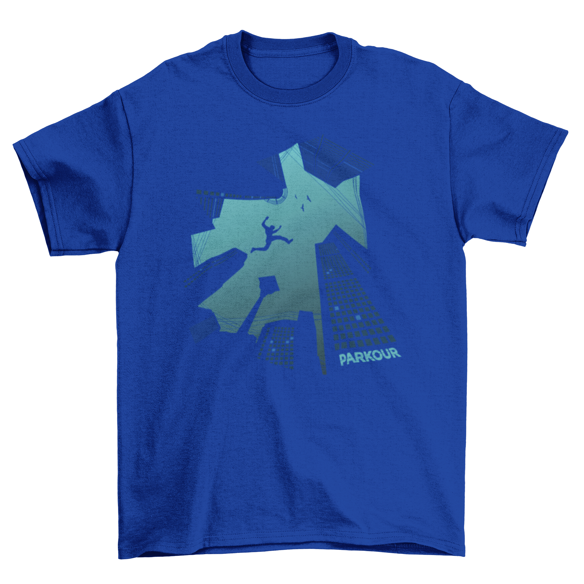 Cool blue parkour t-shirt design featuring a silhouette of a man jumping over skyscrapers, viewed from below.