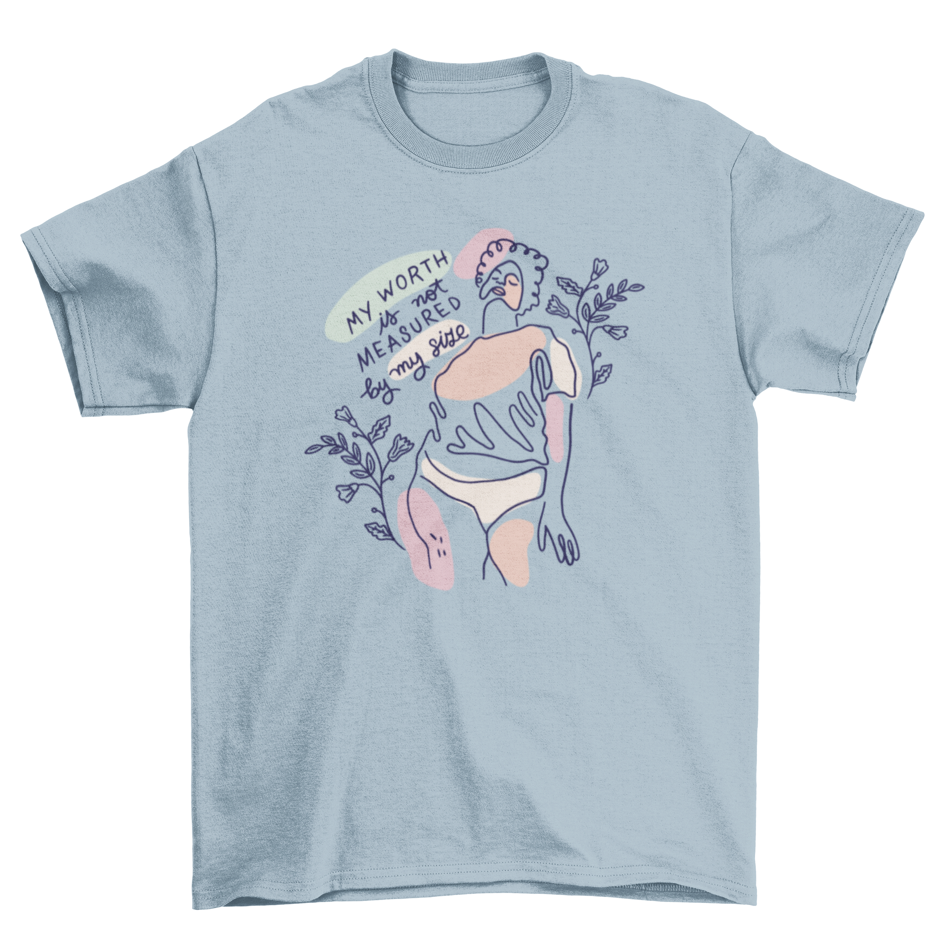 Cool body positivity t-shirt featuring a continuous line design of a woman and an empowering quote.