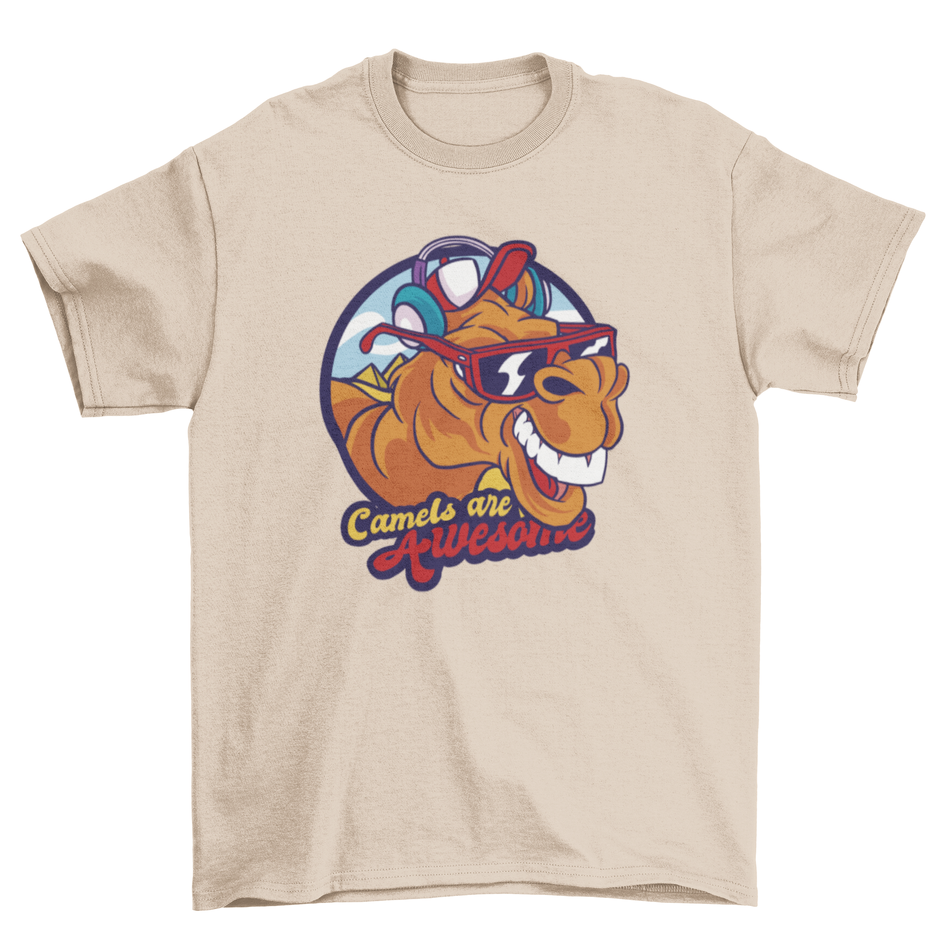 A stylish t-shirt featuring a camel wearing glasses, headphones, and a hat with the quote 'Camels are awesome'.