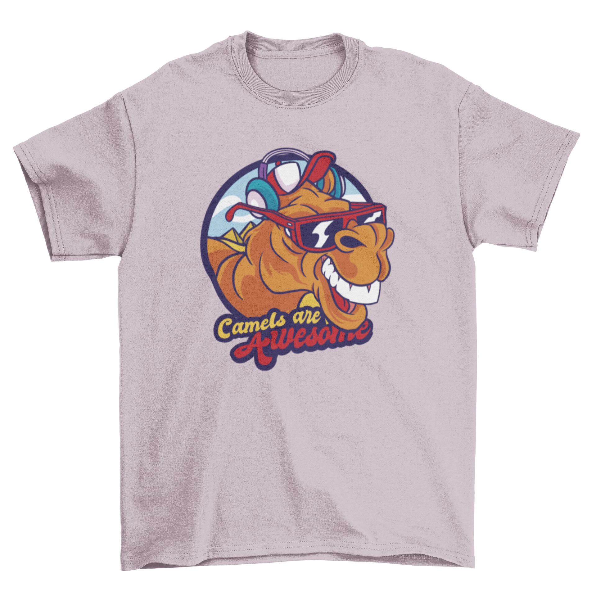 A stylish t-shirt featuring a camel wearing glasses, headphones, and a hat with the quote 'Camels are awesome'.