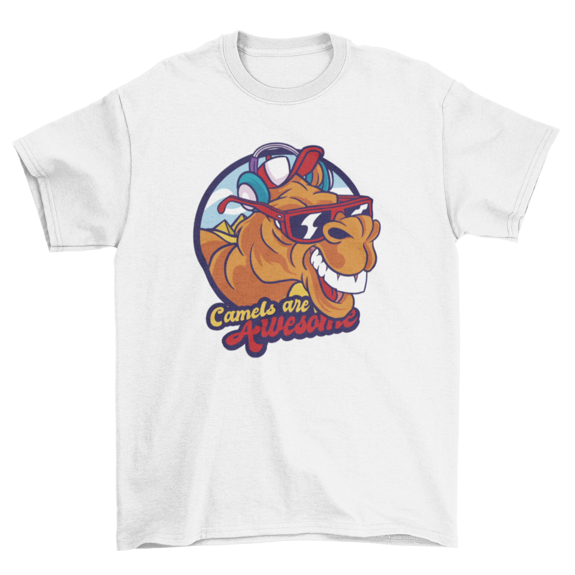 A stylish t-shirt featuring a camel wearing glasses, headphones, and a hat with the quote 'Camels are awesome'.