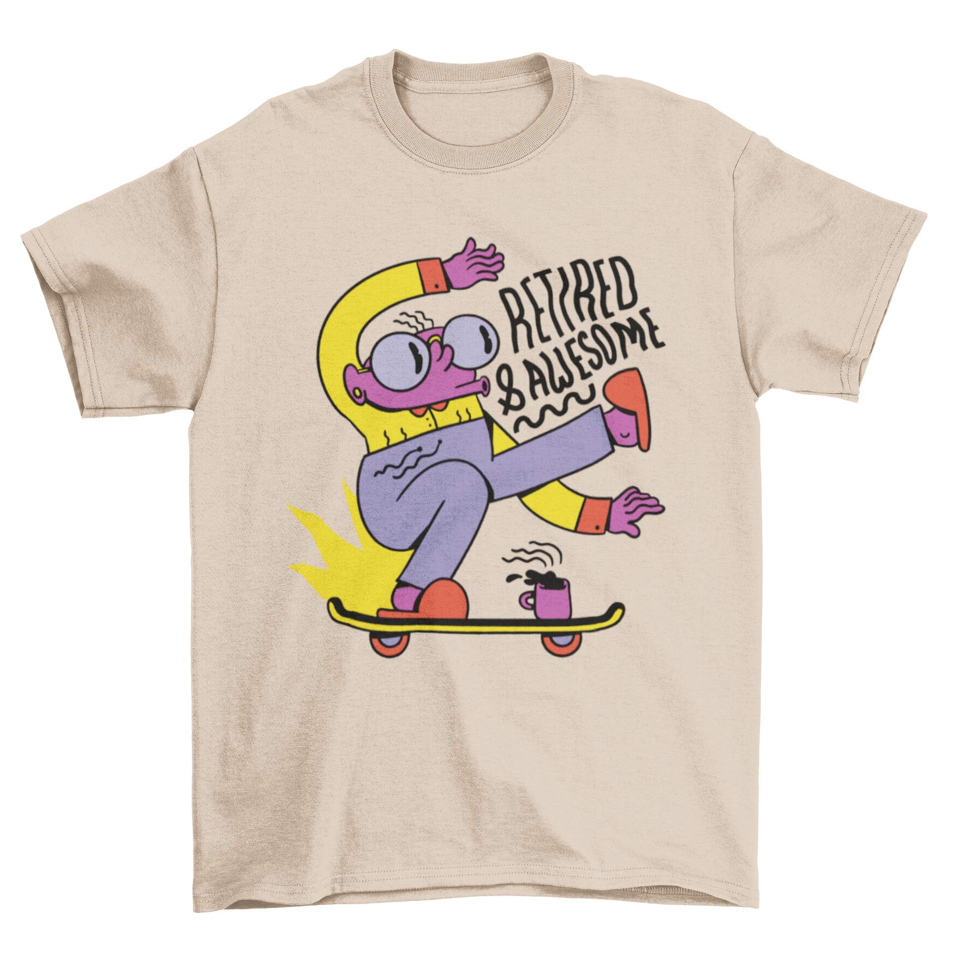 Cool cartoon t-shirt featuring a skater with the quote 'Retired & Awesome'.