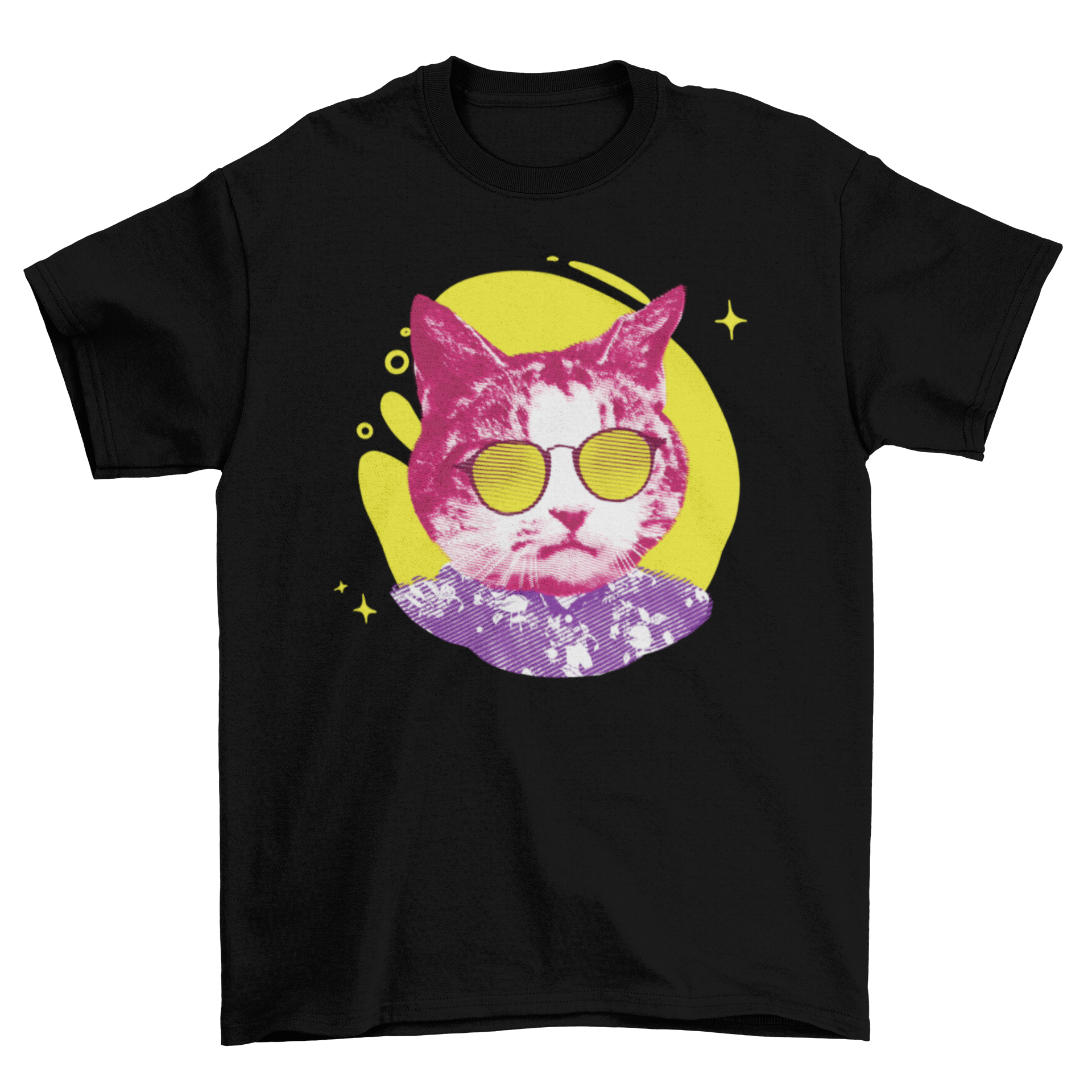 A colorful t-shirt featuring a textured cat wearing sunglasses, showcasing a vibrant and playful design.