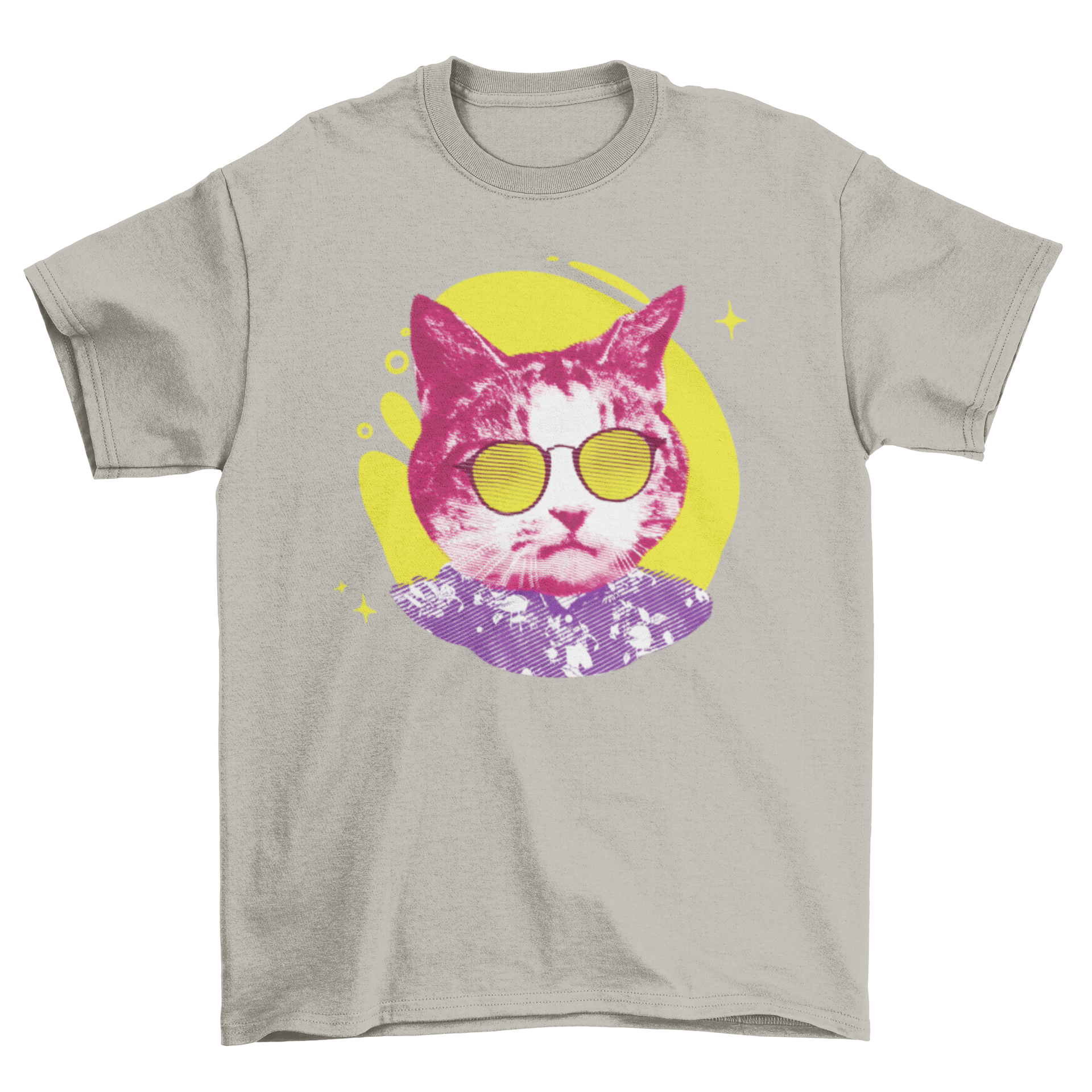 A colorful t-shirt featuring a textured cat wearing sunglasses, showcasing a vibrant and playful design.