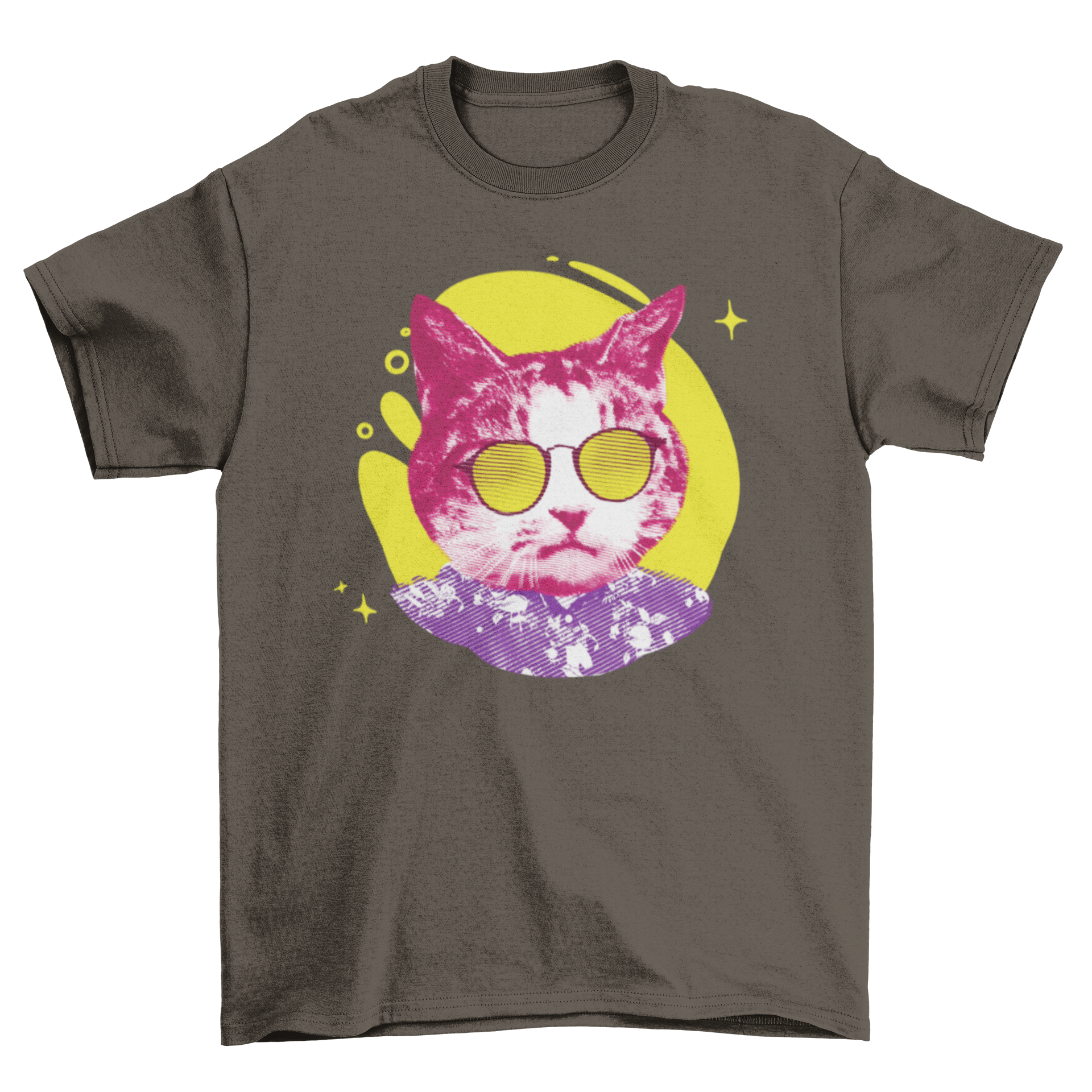 A colorful t-shirt featuring a textured cat wearing sunglasses, showcasing a vibrant and playful design.