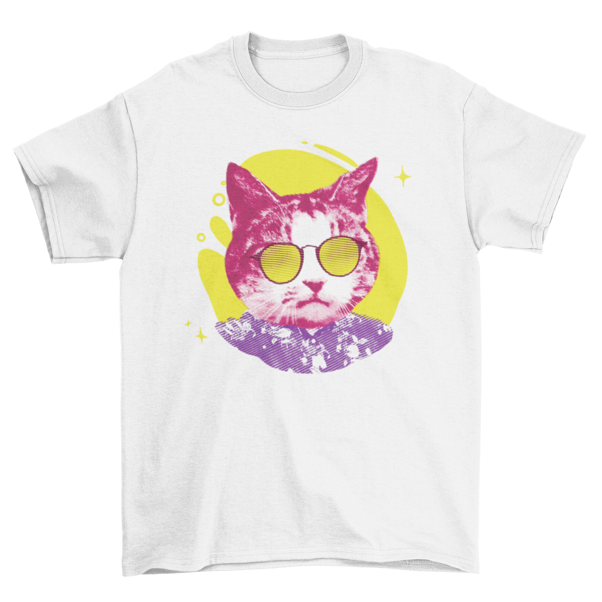 A colorful t-shirt featuring a textured cat wearing sunglasses, showcasing a vibrant and playful design.