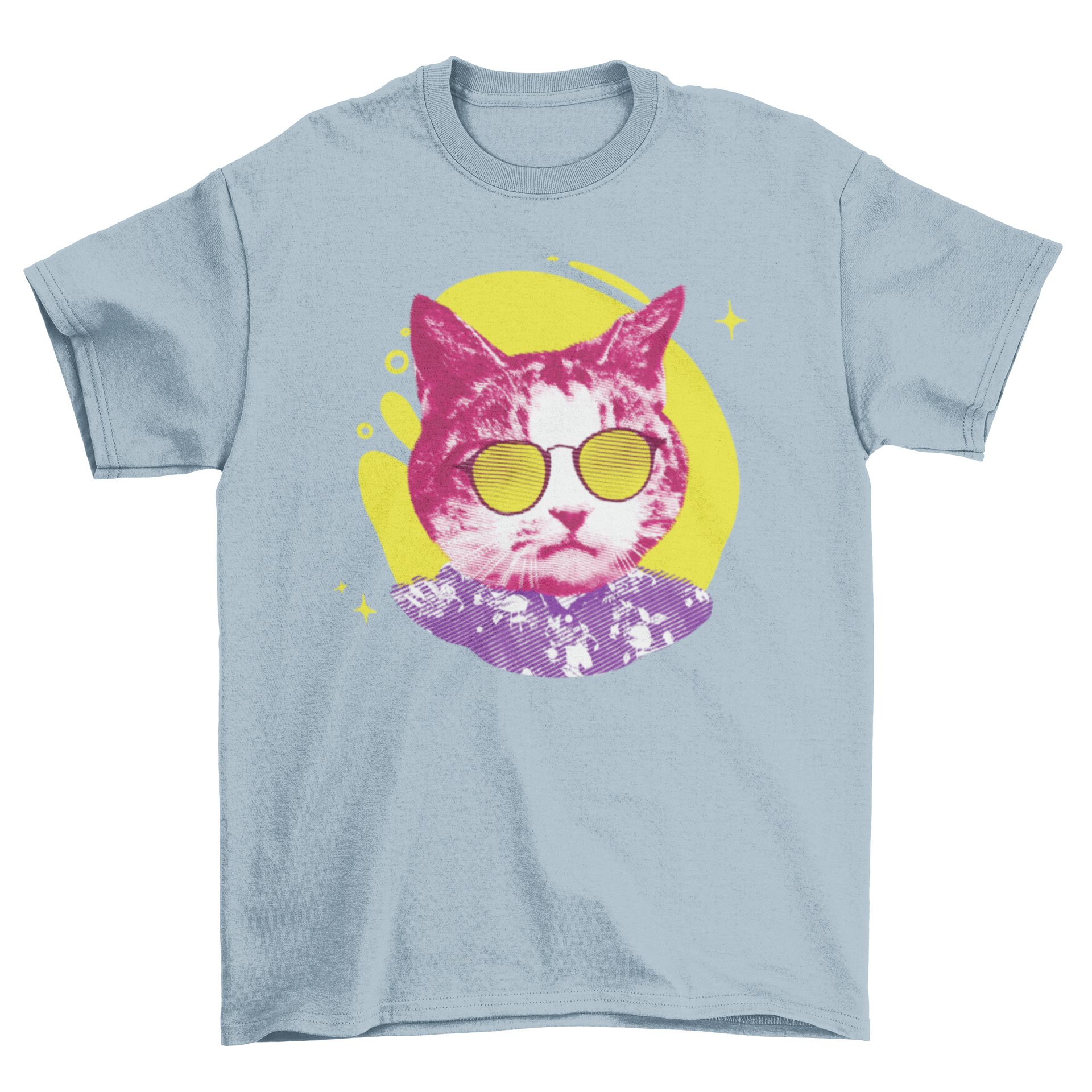 A colorful t-shirt featuring a textured cat wearing sunglasses, showcasing a vibrant and playful design.