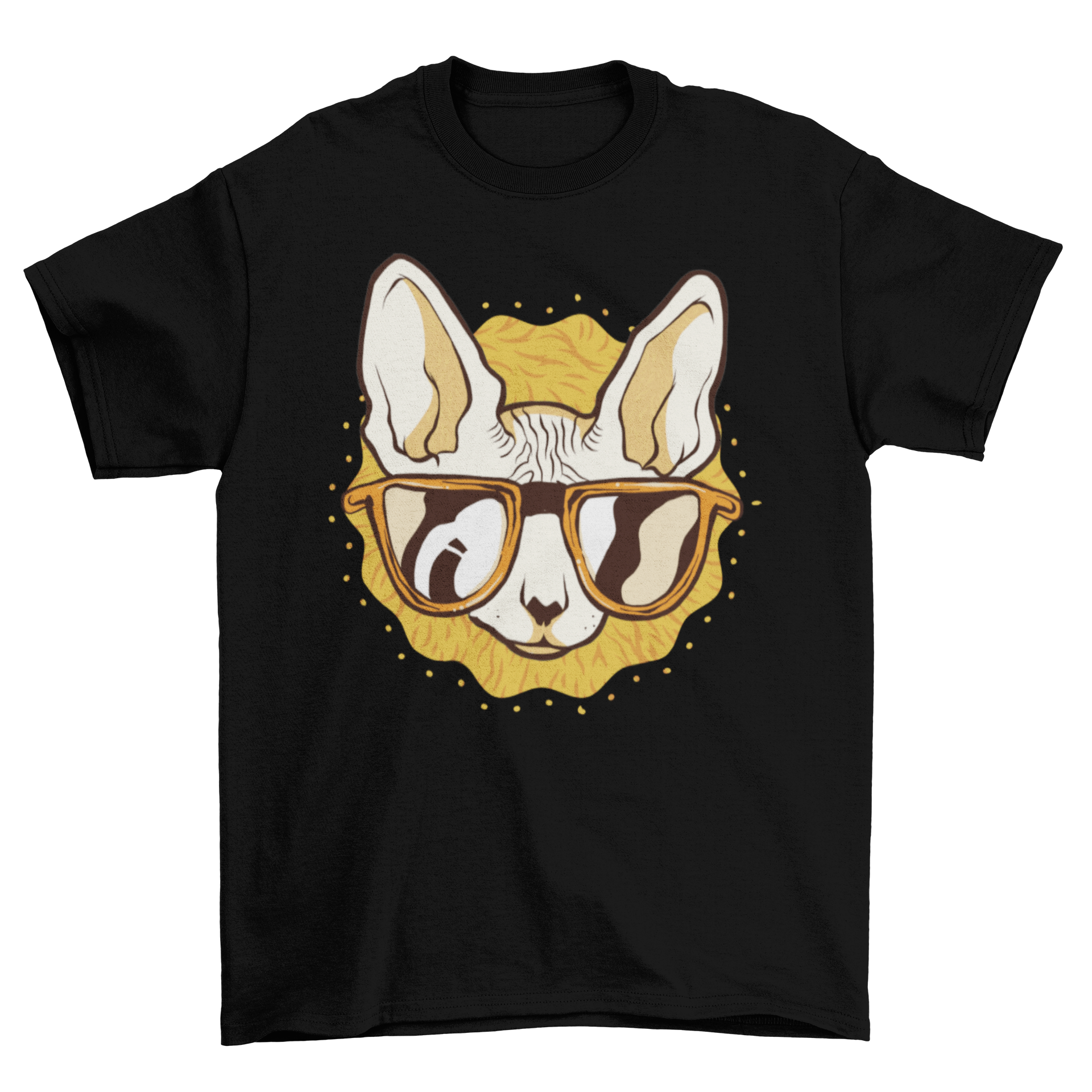 Cool Cat T-shirt featuring a cat in sunglasses on a bright yellow background.