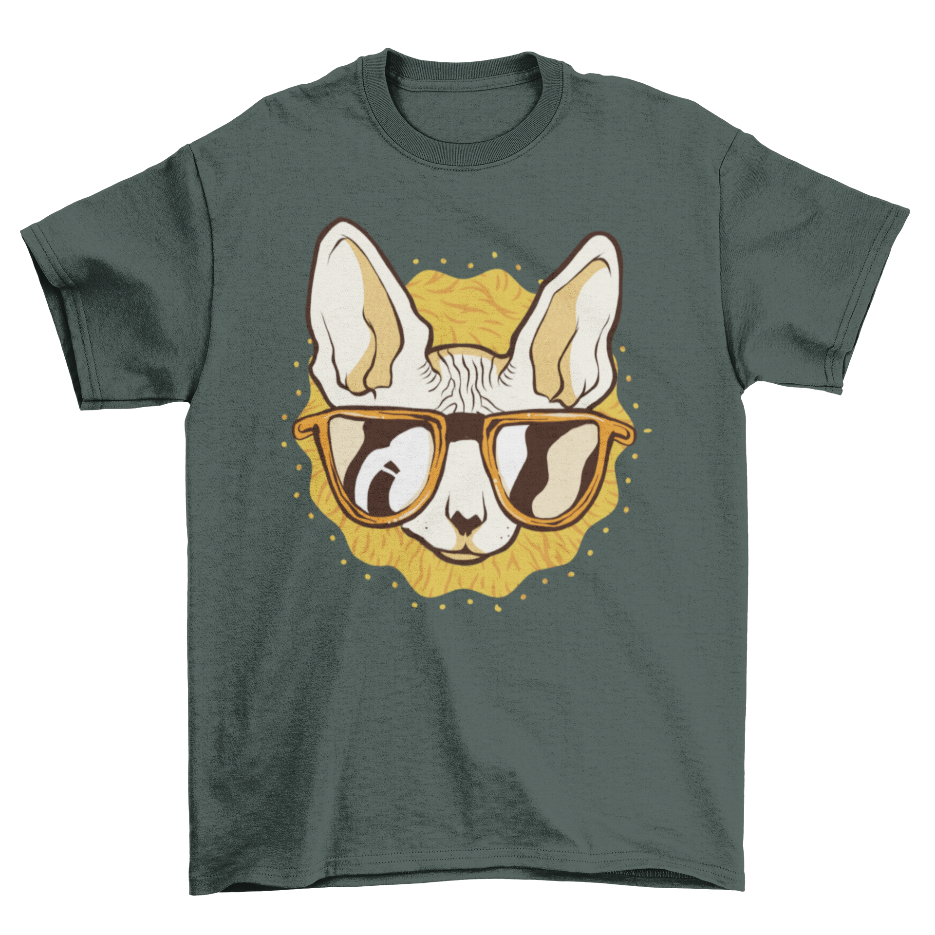 Cool Cat T-shirt featuring a cat in sunglasses on a bright yellow background.