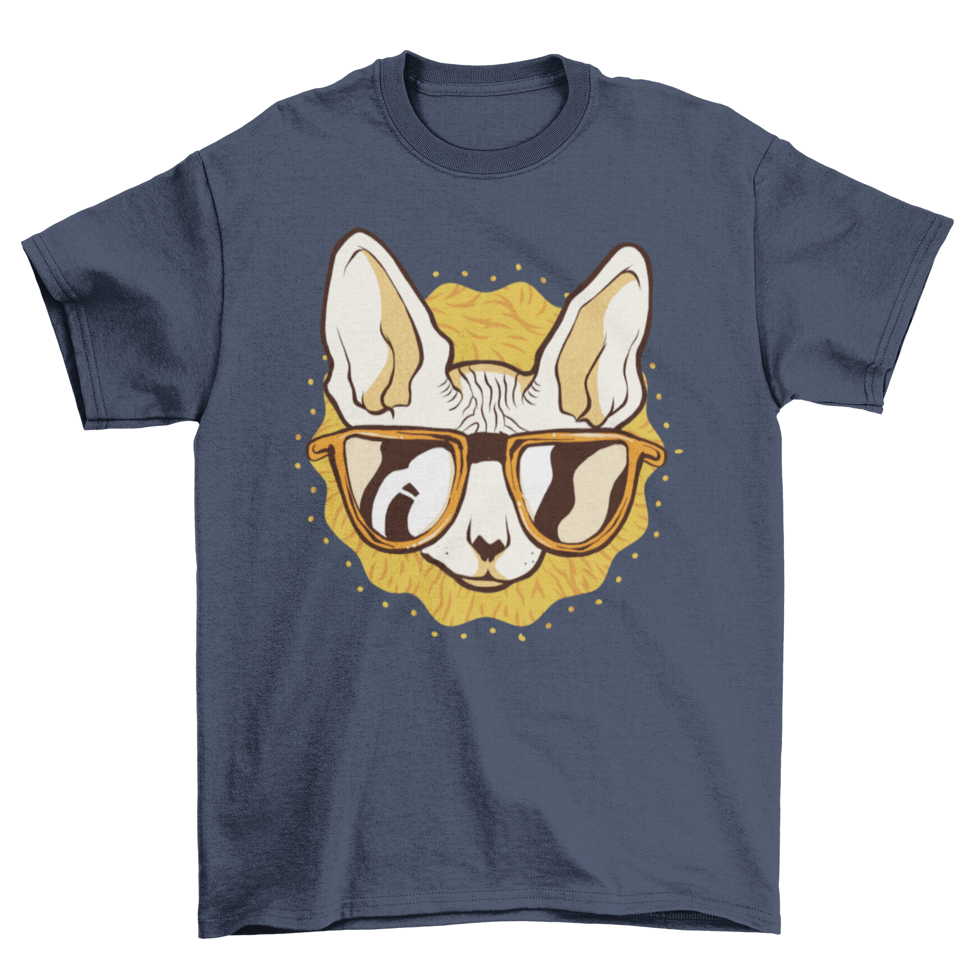 Cool Cat T-shirt featuring a cat in sunglasses on a bright yellow background.