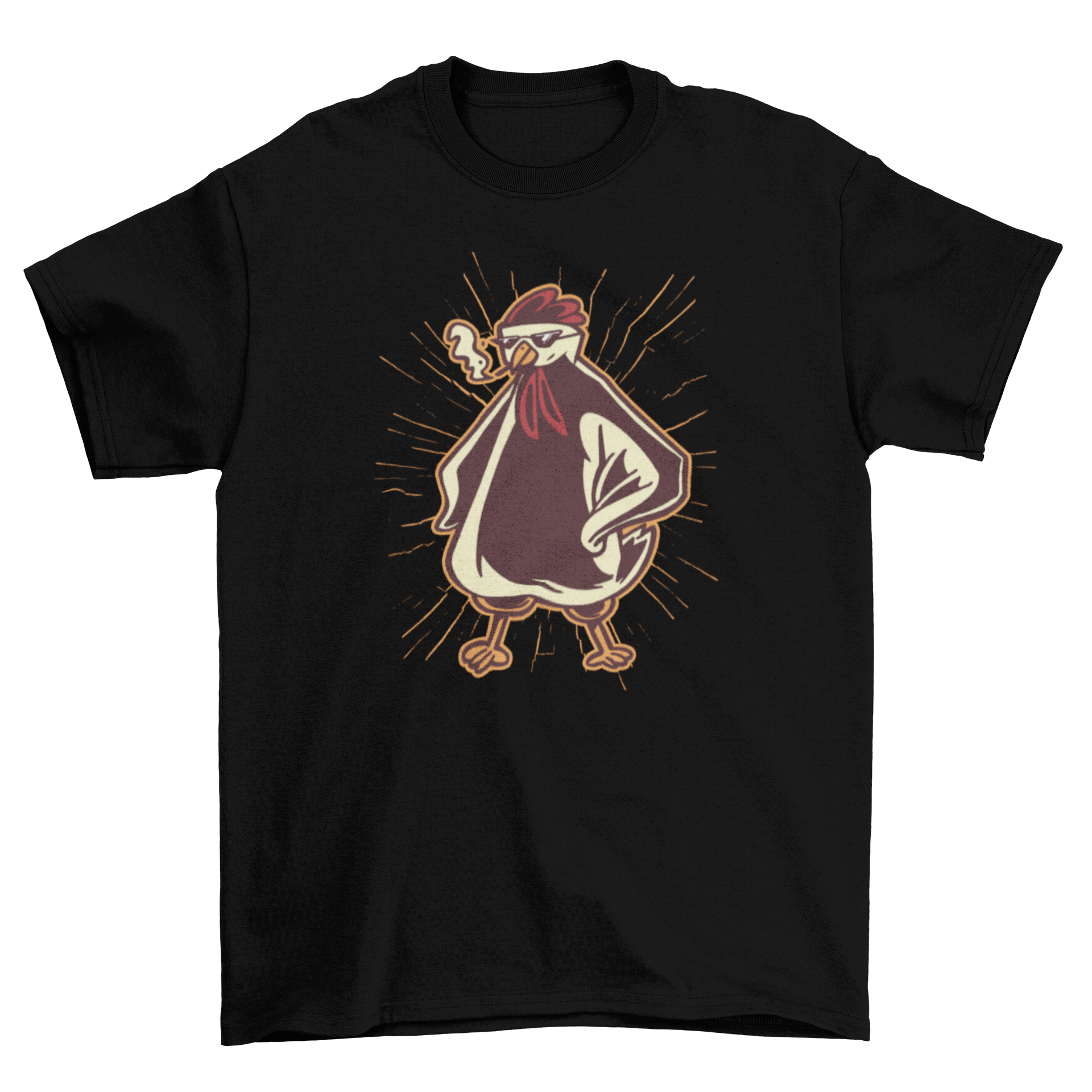 A cool t-shirt featuring a chicken wearing sunglasses and smoking, showcasing a fun and quirky design.