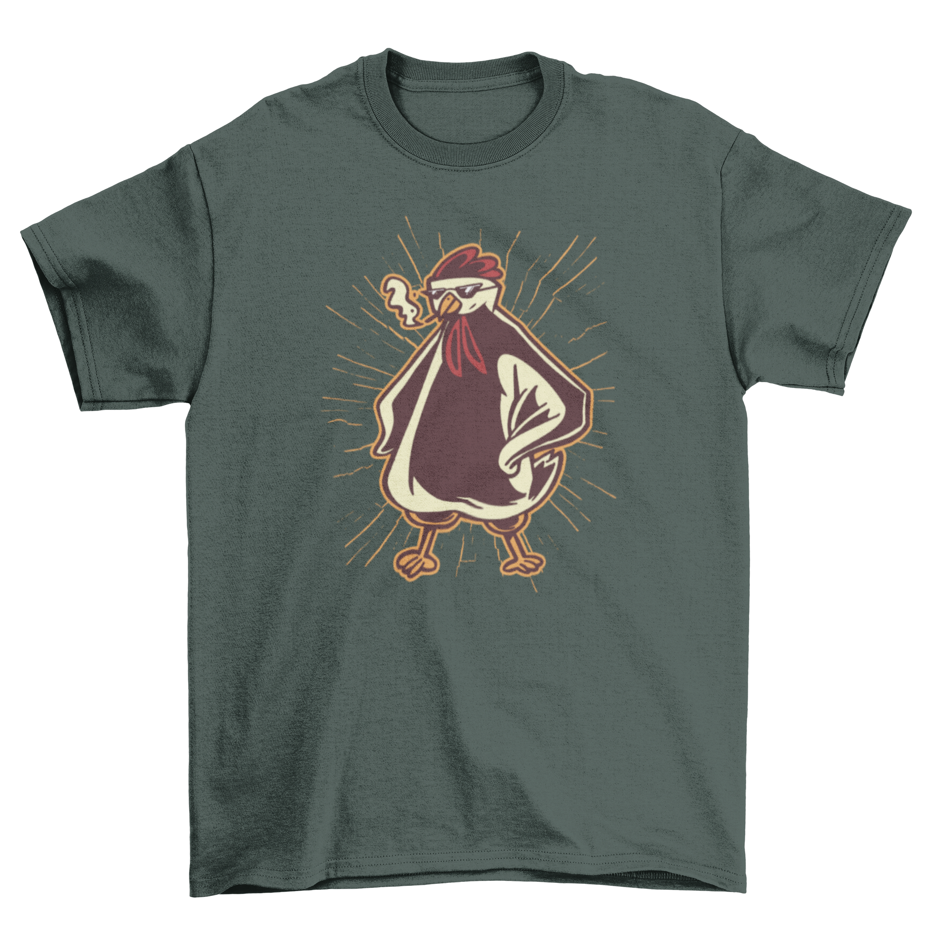 A cool t-shirt featuring a chicken wearing sunglasses and smoking, showcasing a fun and quirky design.