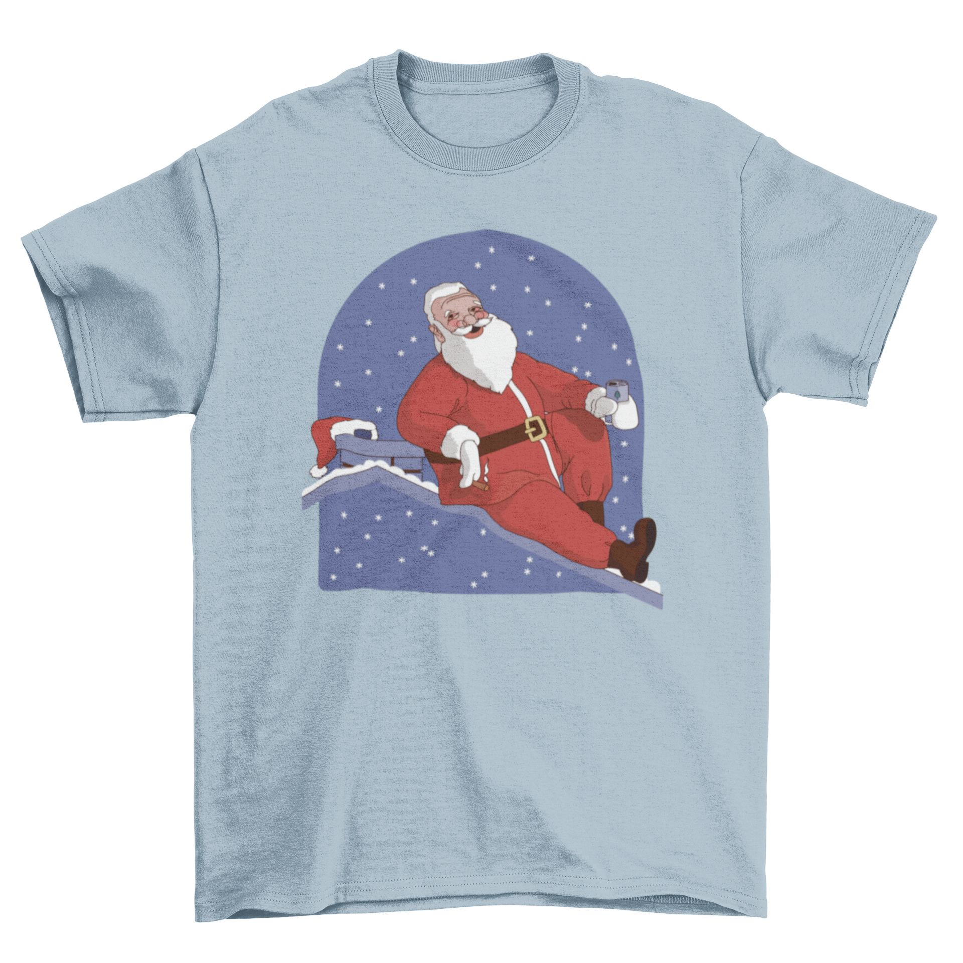 Cool Christmas Santa t-shirt featuring Santa Claus on a roof, perfect for holiday celebrations.