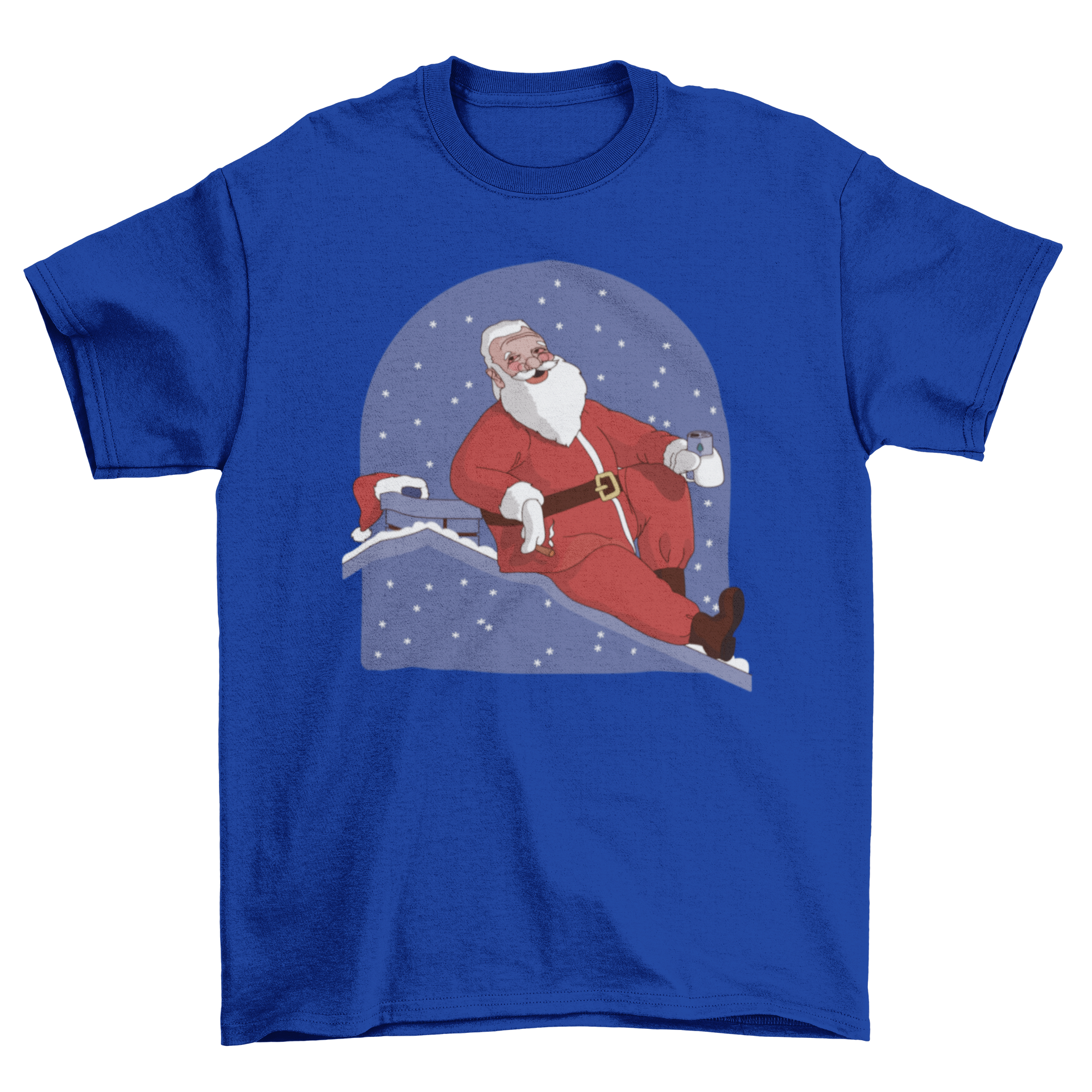 Cool Christmas Santa t-shirt featuring Santa Claus on a roof, perfect for holiday celebrations.