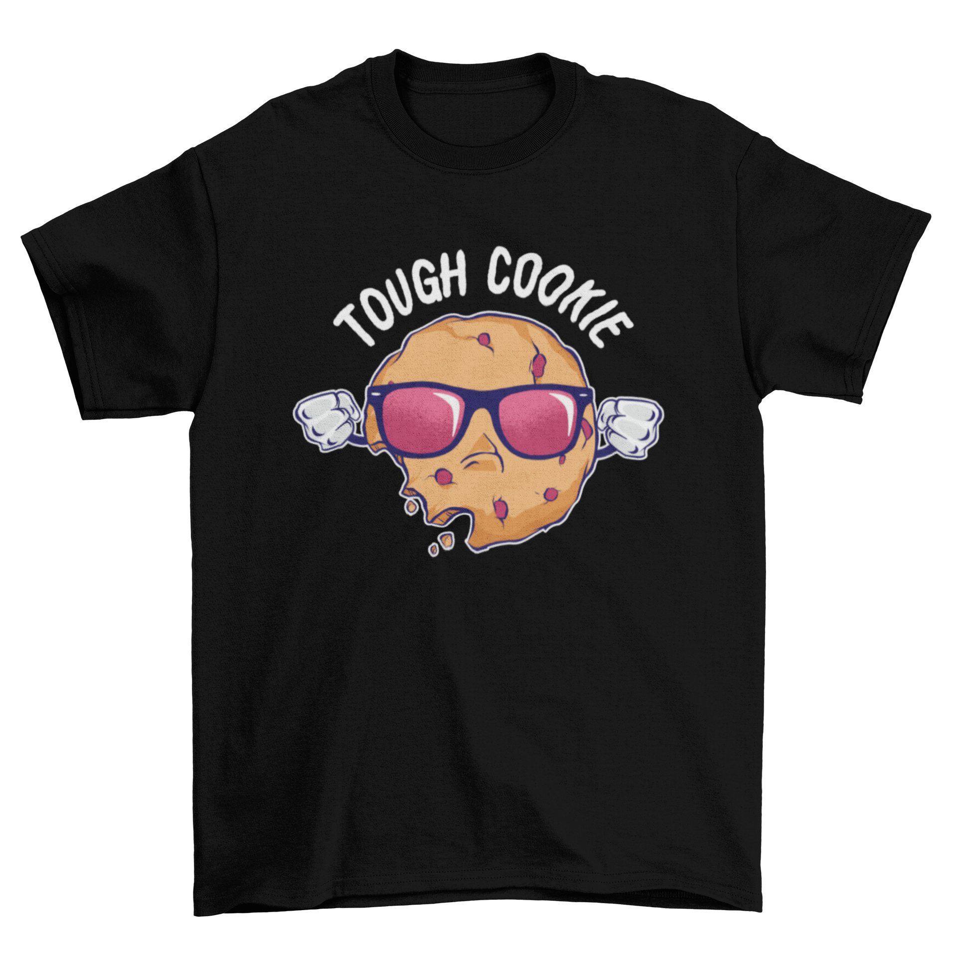 Cool t-shirt featuring a cookie wearing sunglasses with the caption 'Tough Cookie'.