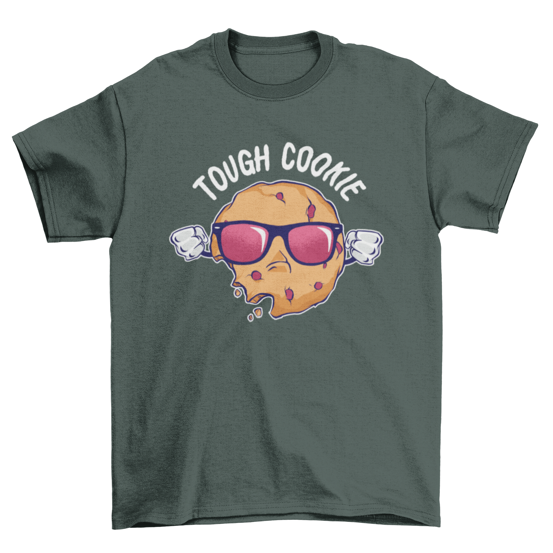 Cool t-shirt featuring a cookie wearing sunglasses with the caption 'Tough Cookie'.