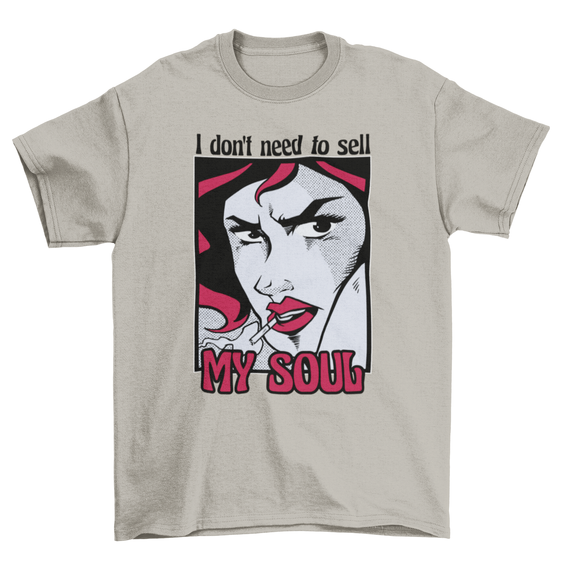 Cool comic style t-shirt featuring a woman's face and an empowering quote.