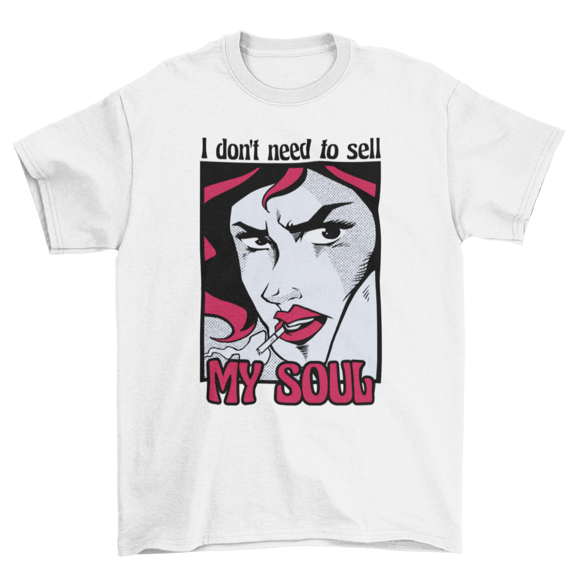 Cool comic style t-shirt featuring a woman's face and an empowering quote.