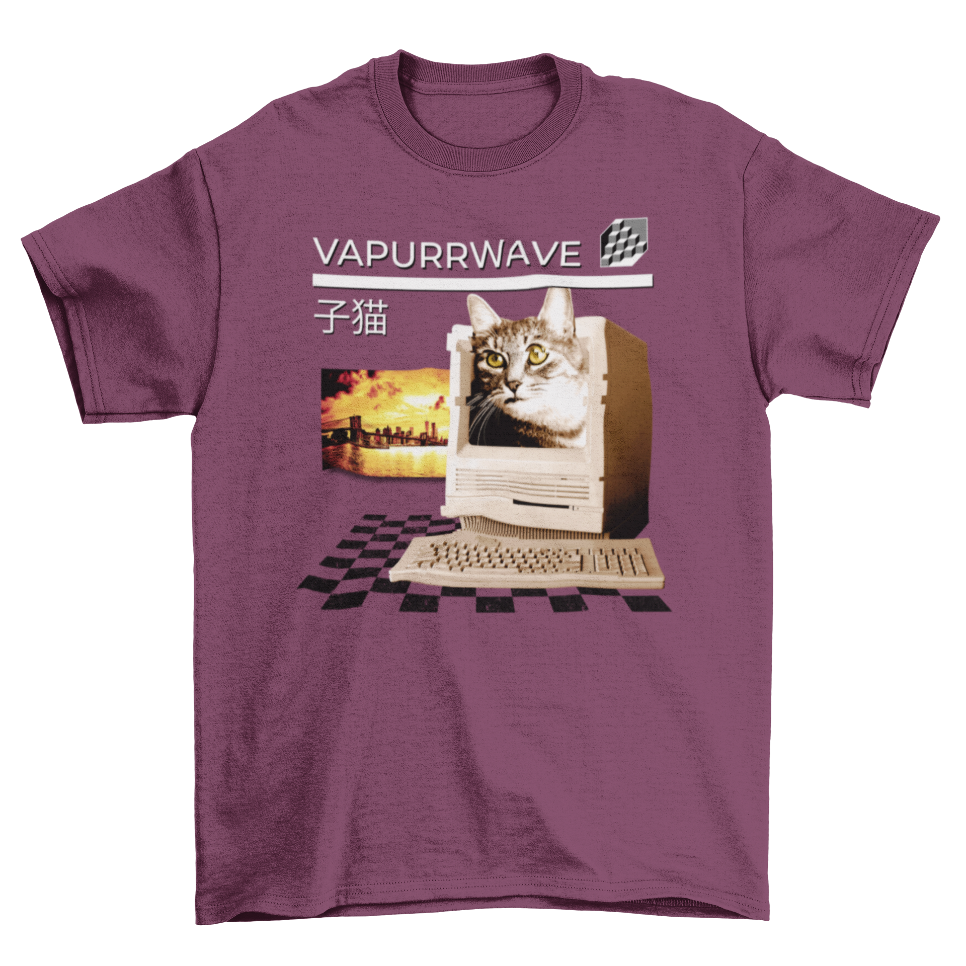 A stylish t-shirt featuring a cute cat emerging from a retro computer with the quote 'Vapurrwave', showcasing a vaporwave aesthetic.