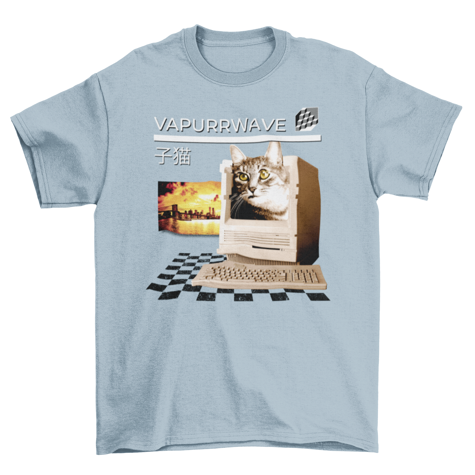 A stylish t-shirt featuring a cute cat emerging from a retro computer with the quote 'Vapurrwave', showcasing a vaporwave aesthetic.