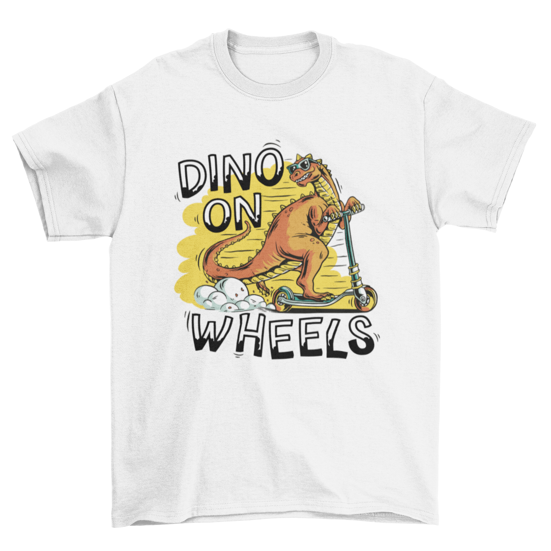 Cool dinosaur riding a scooter on a t-shirt with the quote 'Dino on wheels'.