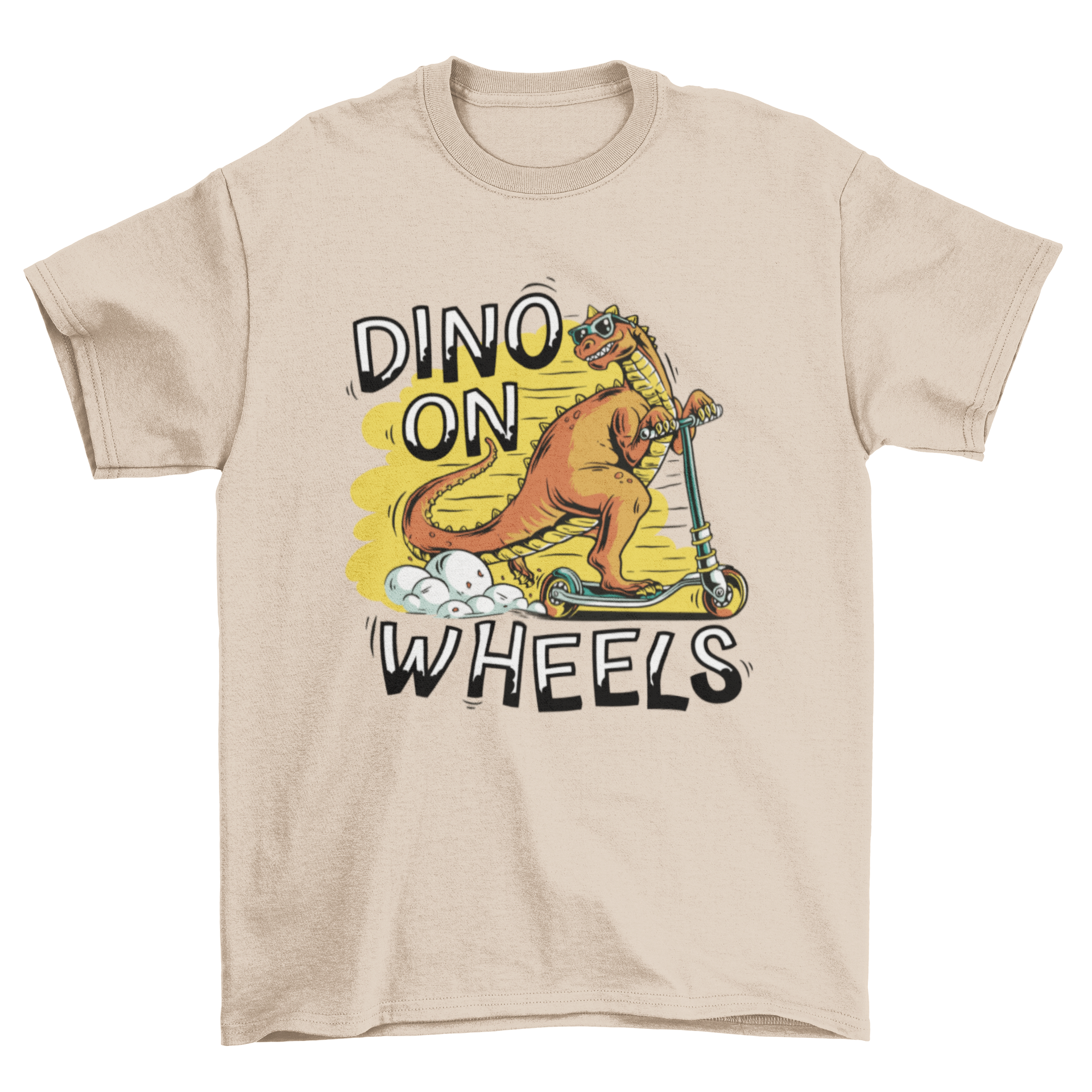 Cool dinosaur riding a scooter on a t-shirt with the quote 'Dino on wheels'.