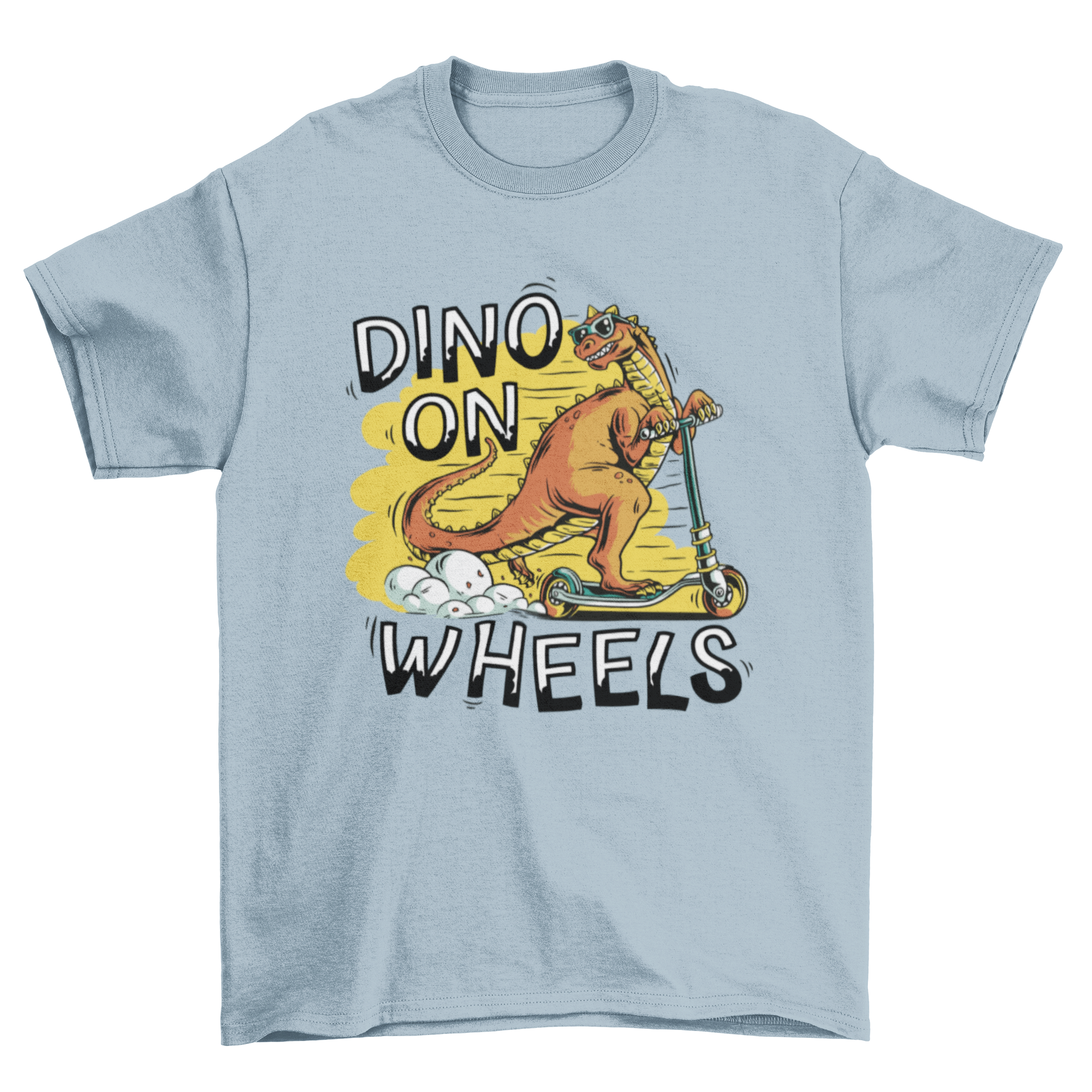 Cool dinosaur riding a scooter on a t-shirt with the quote 'Dino on wheels'.