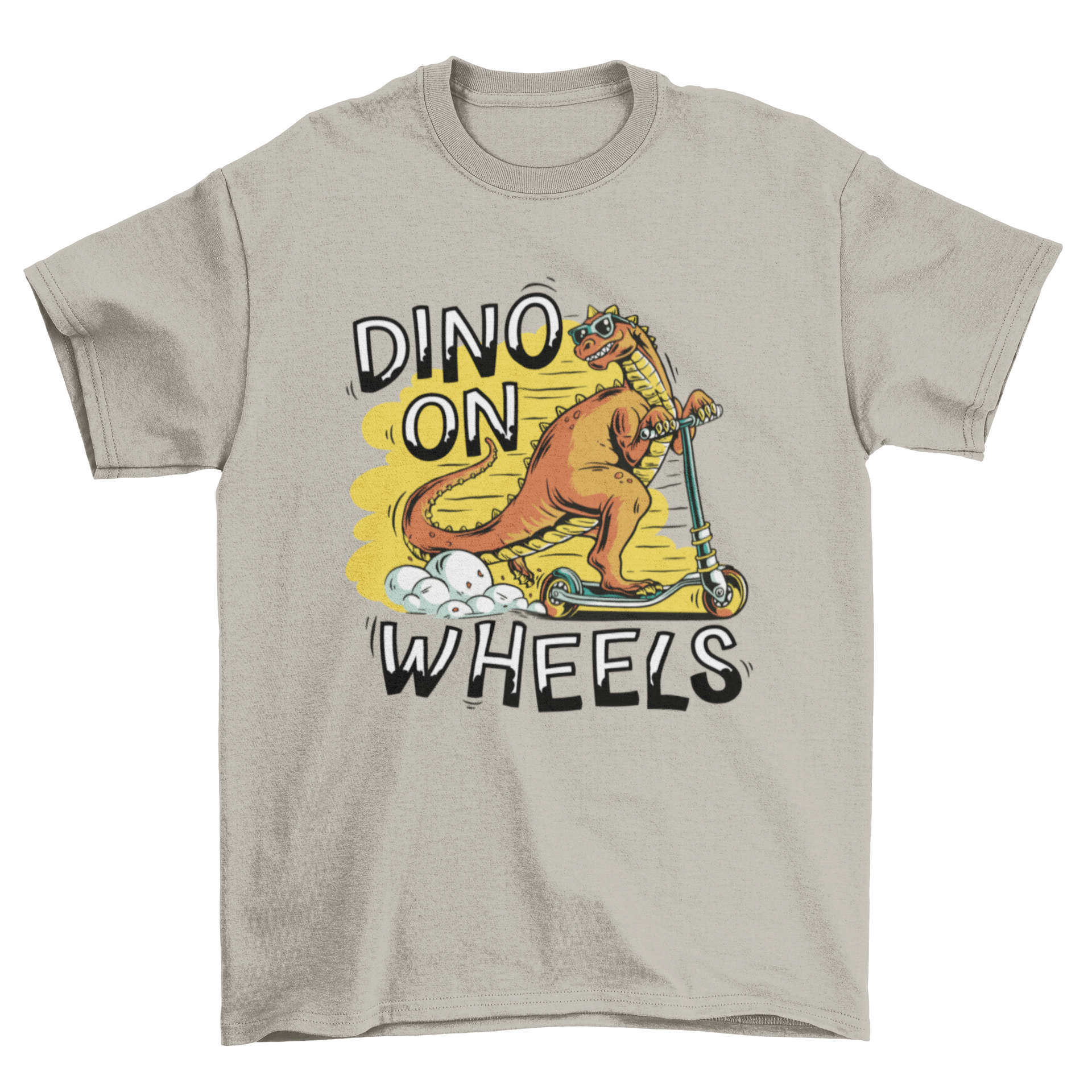 Cool dinosaur riding a scooter on a t-shirt with the quote 'Dino on wheels'.