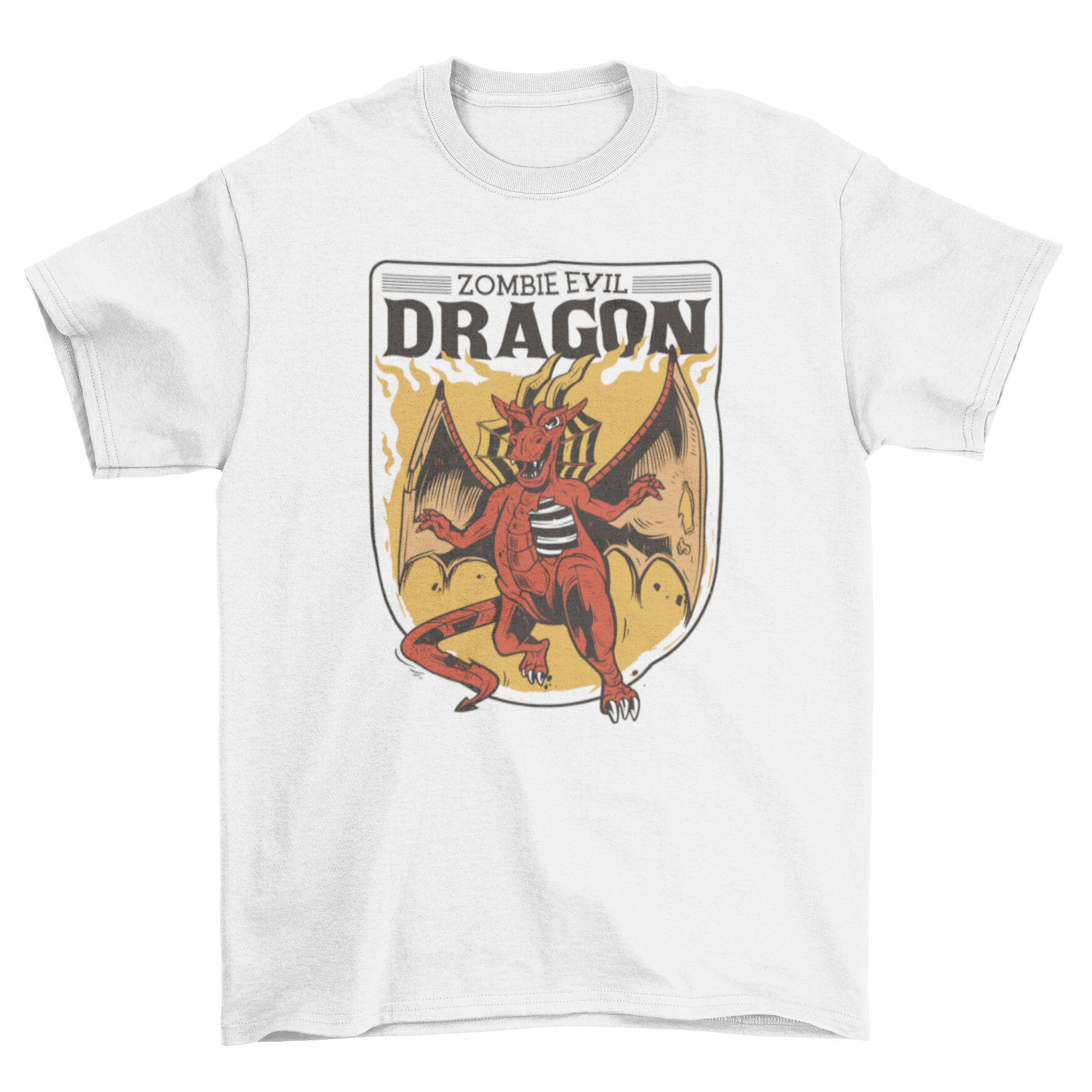 Cool dragon t-shirt featuring a fierce dragon design and the quote 'Zombie Evil Dragon'.