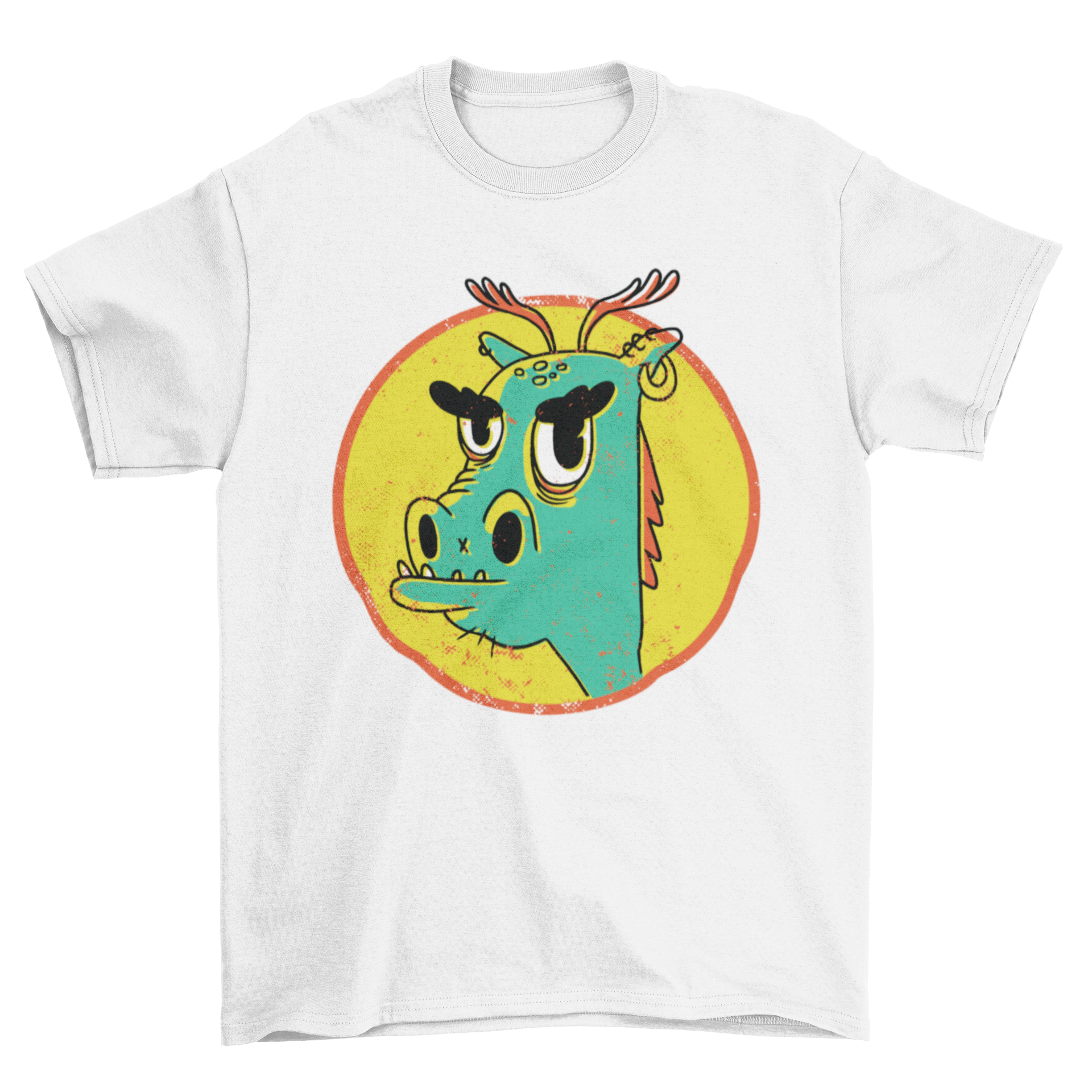 Cool dragon t-shirt featuring a cartoon rebel dragon with an ear piercing, designed for stylish casual wear.