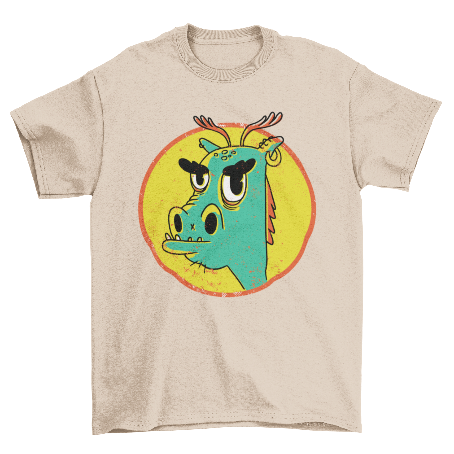 Cool dragon t-shirt featuring a cartoon rebel dragon with an ear piercing, designed for stylish casual wear.