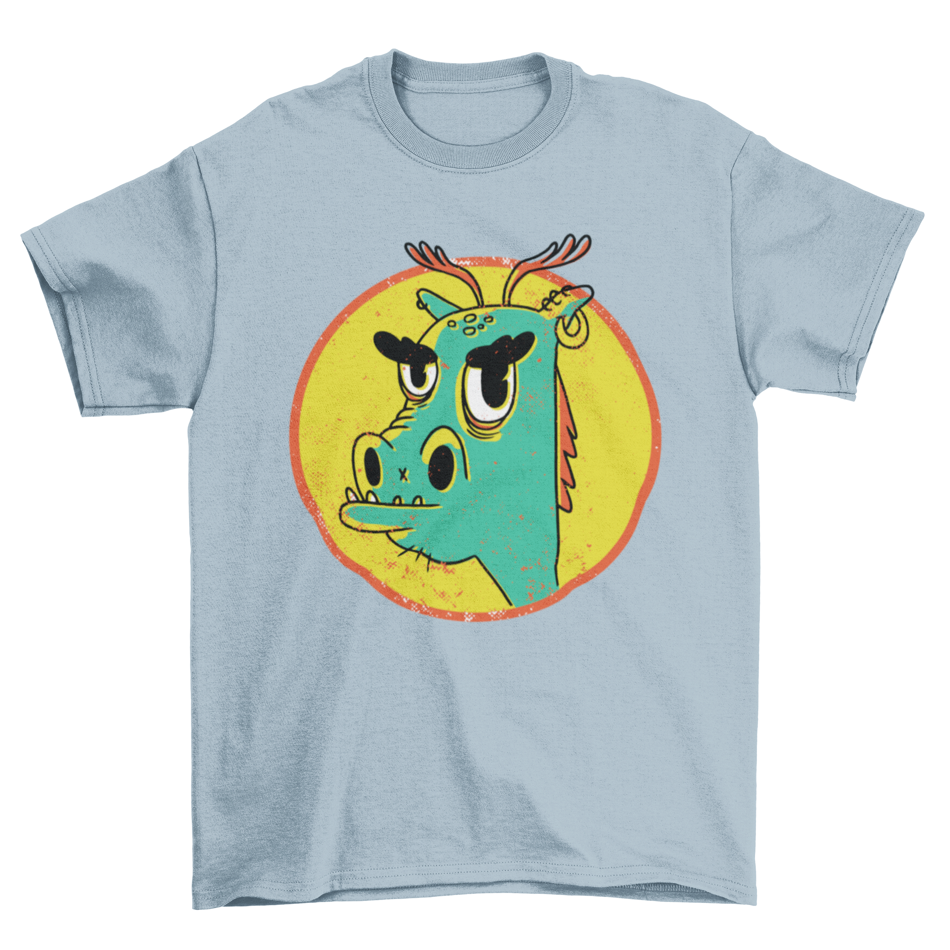 Cool dragon t-shirt featuring a cartoon rebel dragon with an ear piercing, designed for stylish casual wear.