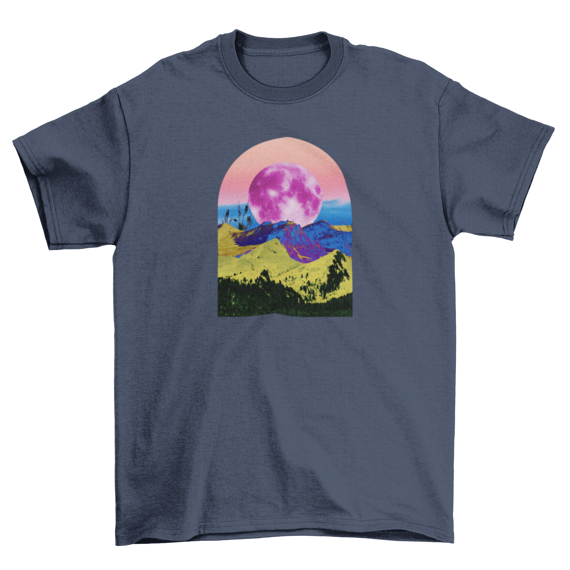 Cool Fashion Big Sky Pink Moon Mountain t-shirt featuring a pink moon and mountain landscape design.