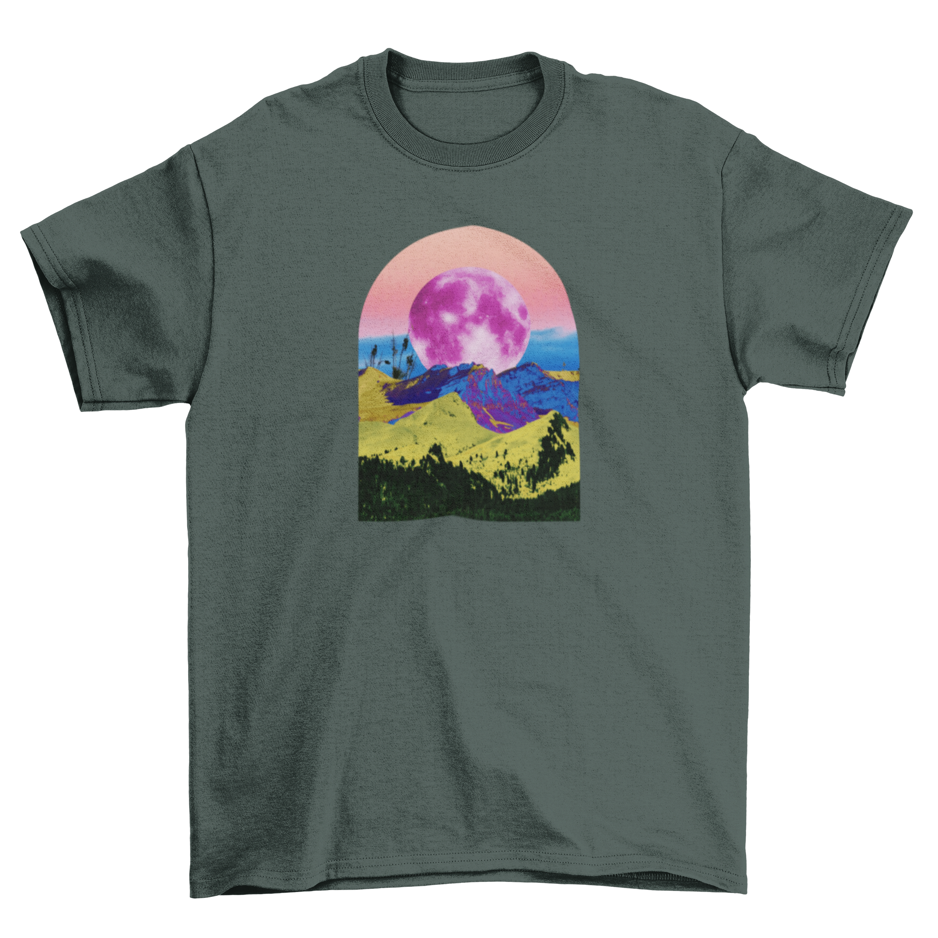 Cool Fashion Big Sky Pink Moon Mountain t-shirt featuring a pink moon and mountain landscape design.