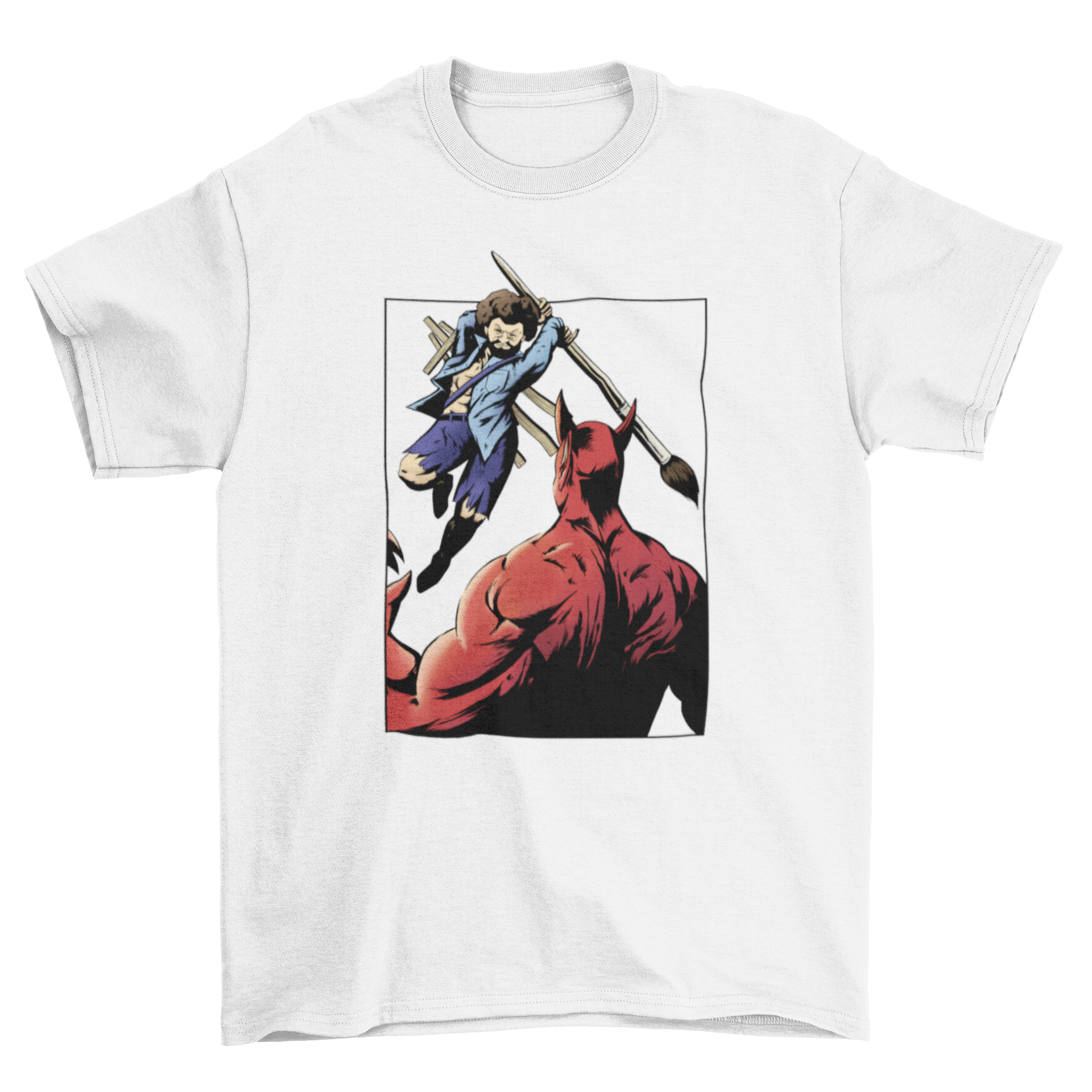 Cool t-shirt featuring a comic-style design of a painter battling the devil, showcasing vibrant colors and artistic flair.