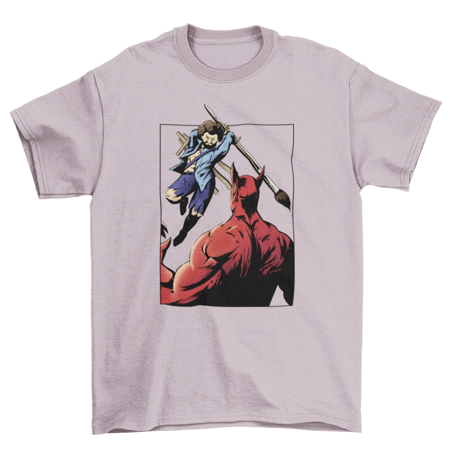 Cool t-shirt featuring a comic-style design of a painter battling the devil, showcasing vibrant colors and artistic flair.