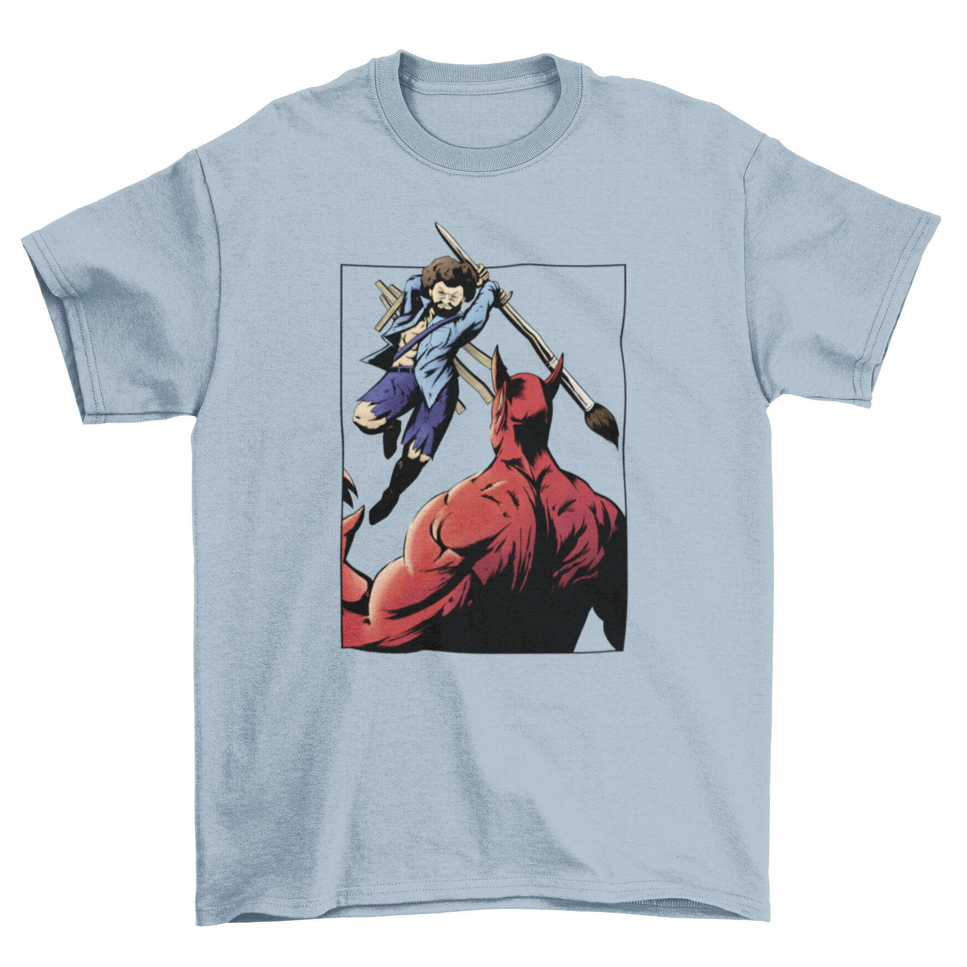 Cool t-shirt featuring a comic-style design of a painter battling the devil, showcasing vibrant colors and artistic flair.