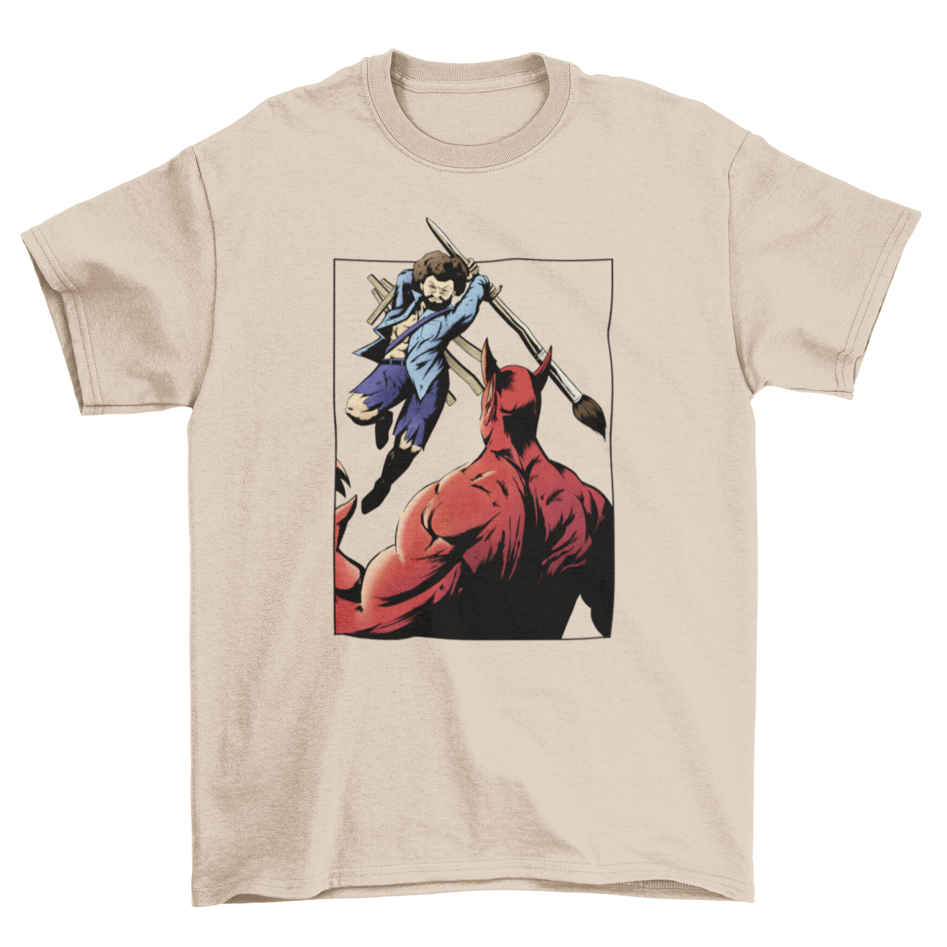 Cool t-shirt featuring a comic-style design of a painter battling the devil, showcasing vibrant colors and artistic flair.