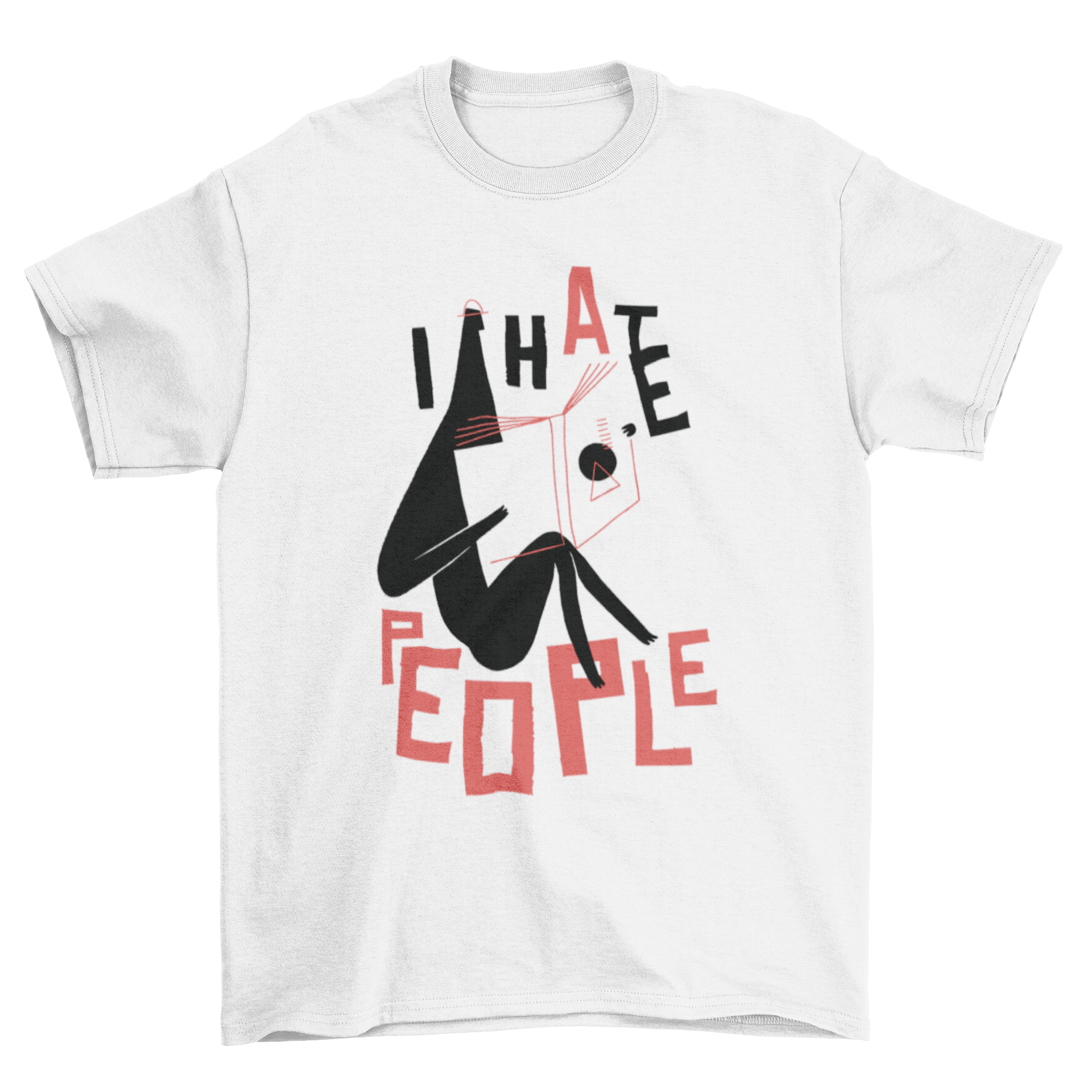 Cool abstract t-shirt featuring a man reading a book with the quote 'I Hate People'.