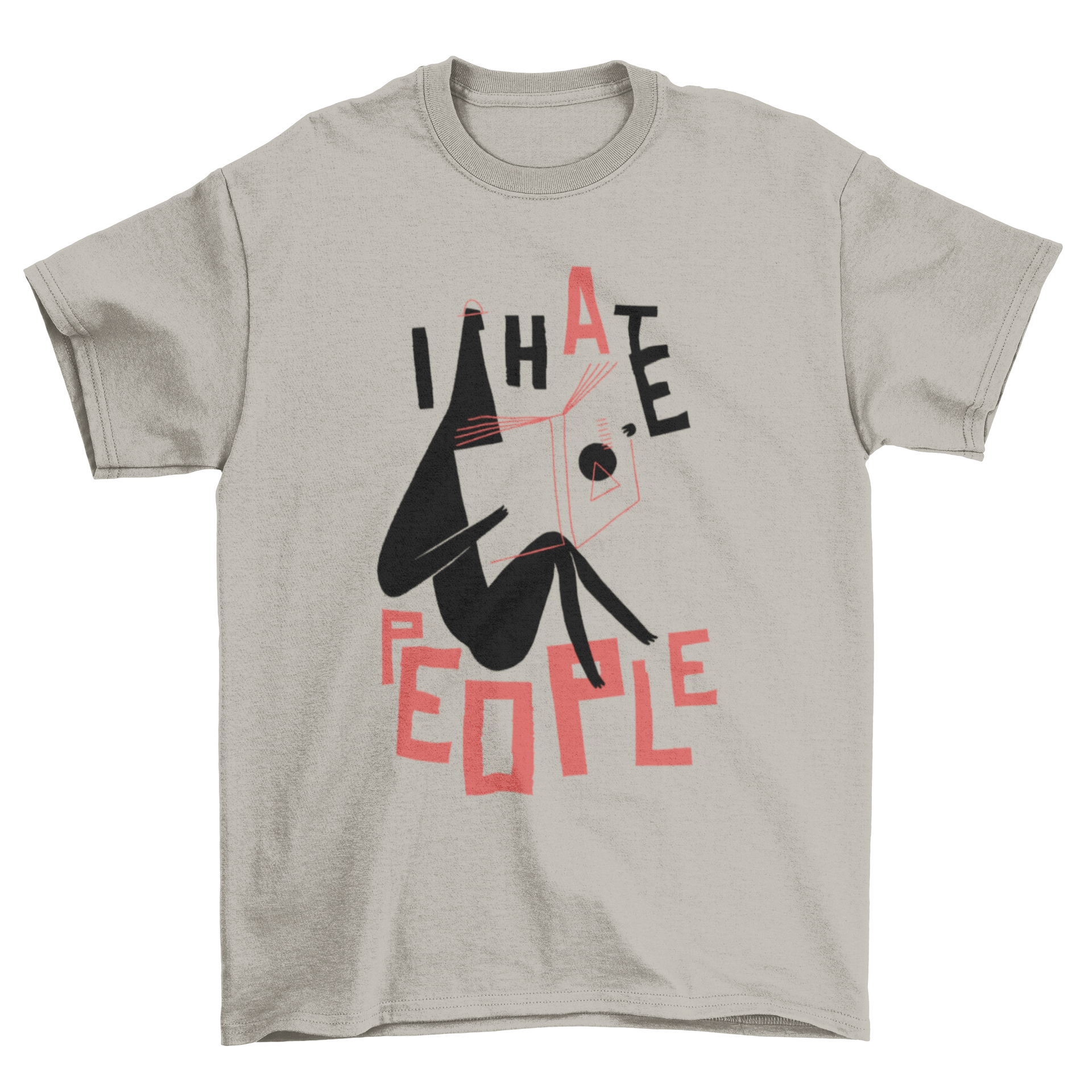 Cool abstract t-shirt featuring a man reading a book with the quote 'I Hate People'.