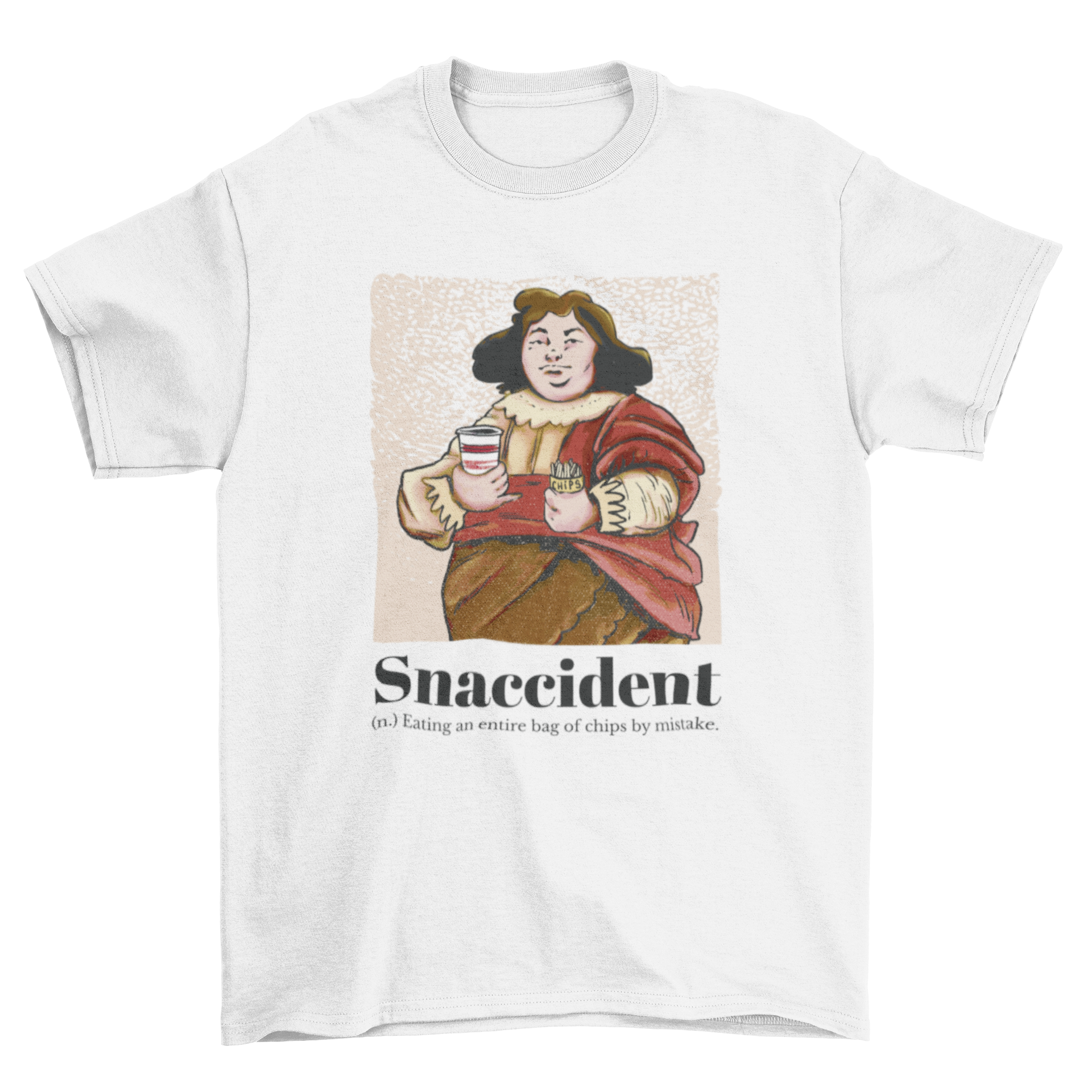 A humorous t-shirt featuring a medieval man and the quote 'Snaccident', showcasing a unique and playful design.