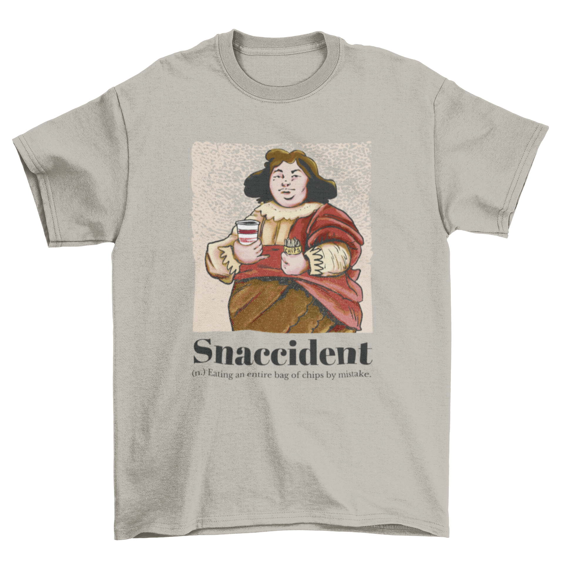 A humorous t-shirt featuring a medieval man and the quote 'Snaccident', showcasing a unique and playful design.