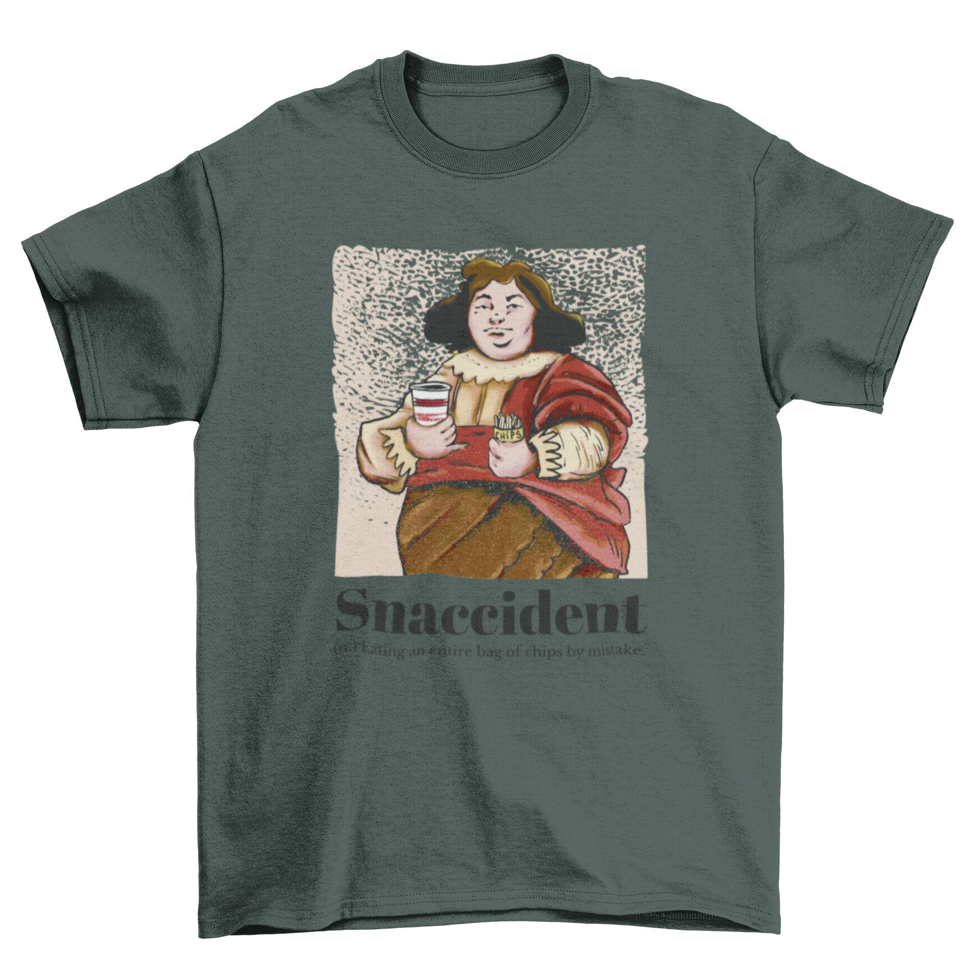 A humorous t-shirt featuring a medieval man and the quote 'Snaccident', showcasing a unique and playful design.