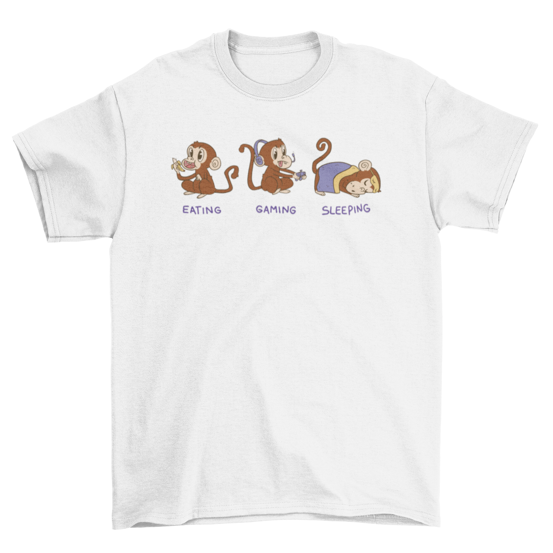 Cool Gamer t-shirt featuring three cute monkeys and the quote 'Eating, gaming, sleeping' in vibrant colors.