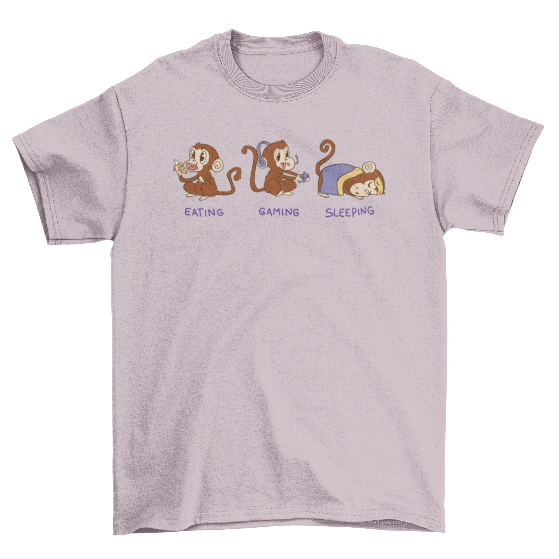 Cool Gamer t-shirt featuring three cute monkeys and the quote 'Eating, gaming, sleeping' in vibrant colors.